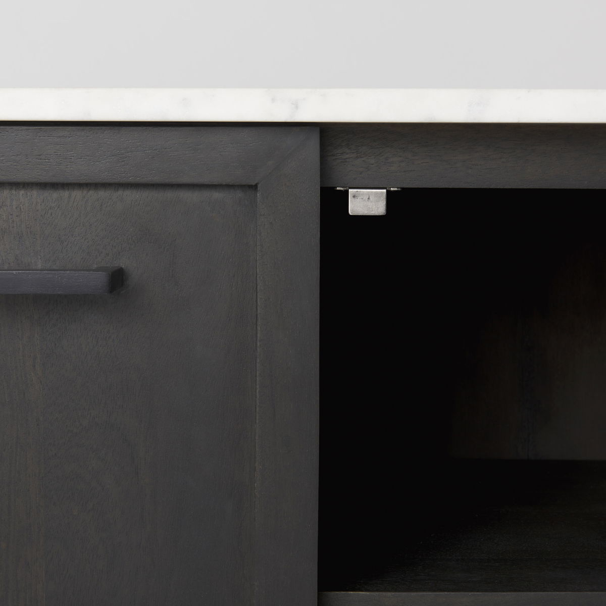 Divina Black-Brown Wood with White Marble Top and Black Metal Base Sideboard, Sideboards & Buffet by Mercana, 71" length x 18.5" width x 32" height View 14