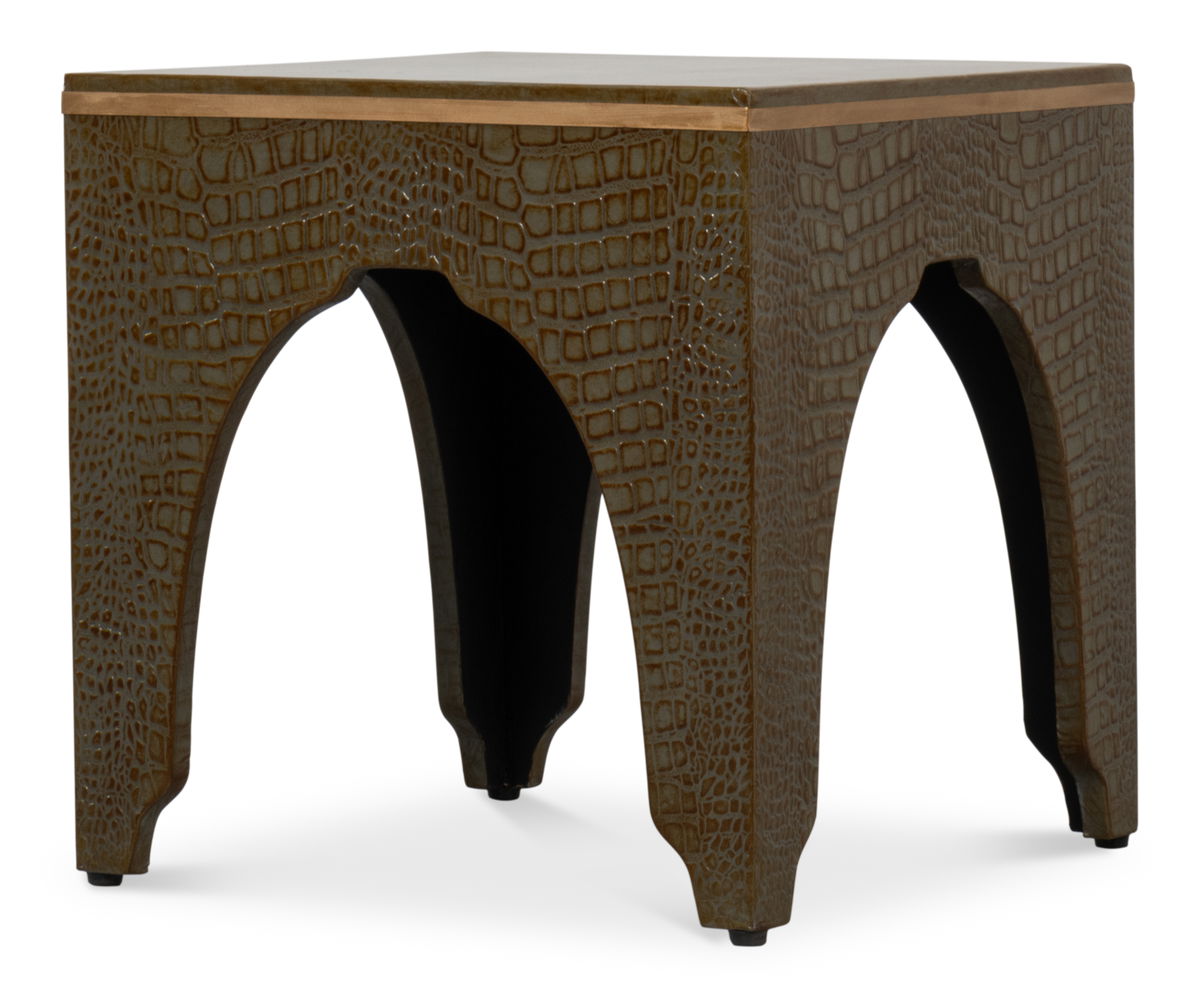 Croco Embossed Leather Stool  Ant. Green, by Sarreid, 1'6" length x 1'6" width x 10" height View 4