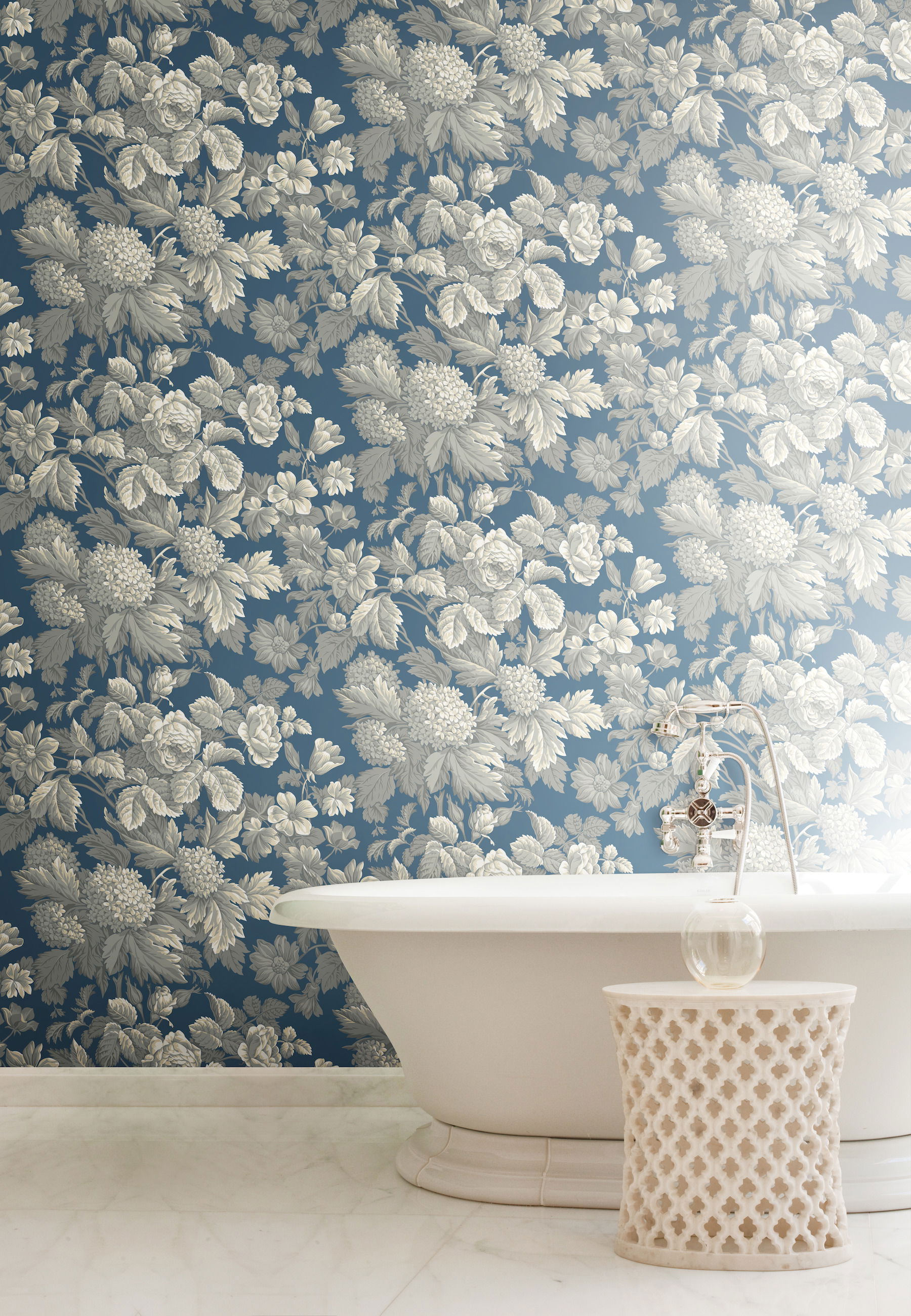 Antique Floral in Wedgewood Blue & Grey Wallpaper large image 
