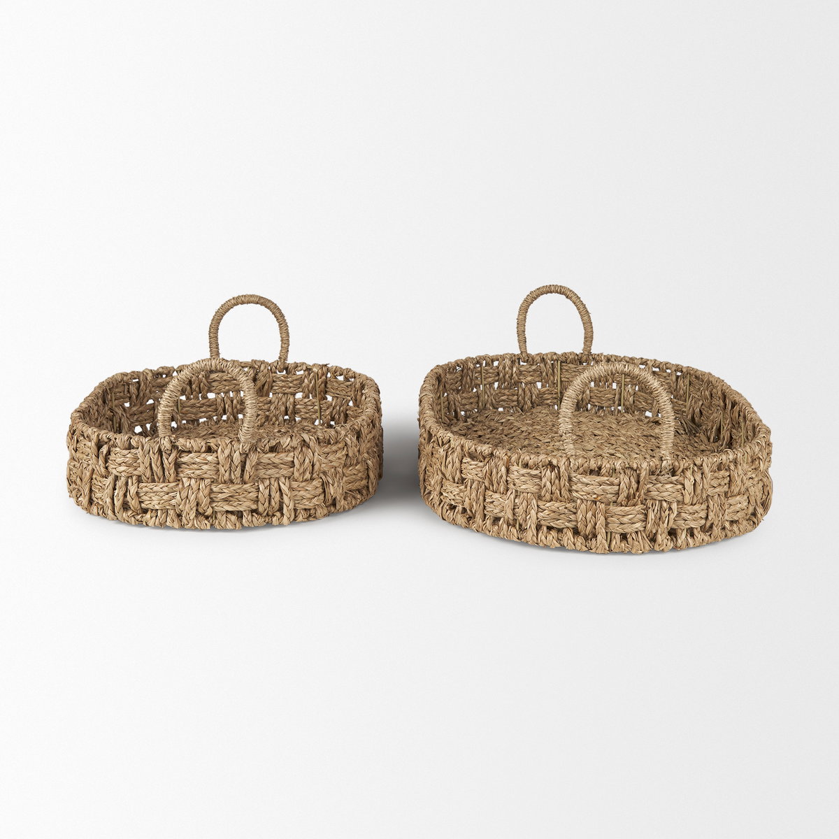 Haini Set of 2 Large Basketweave Seagrass Trays with Loop Handles, Decorative Tray by Mercana, 25.98" length x 16.14" width x 3.94" height View 4