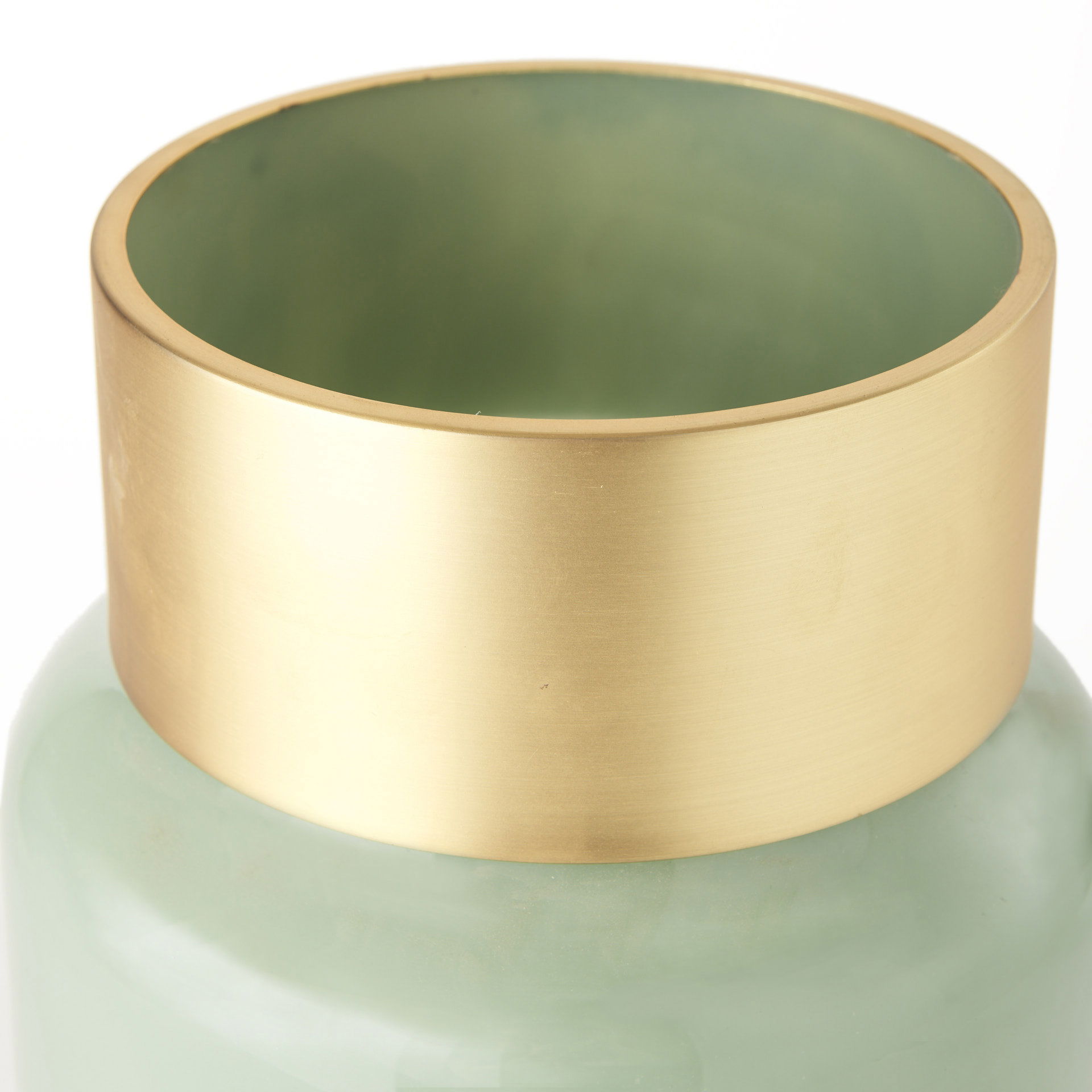 Minty Medium  Green Glass Vase with Matte Gold Metal Neck Cuff, by Mercana, 8.66" length x 8.66" width x 12.44" height View 7