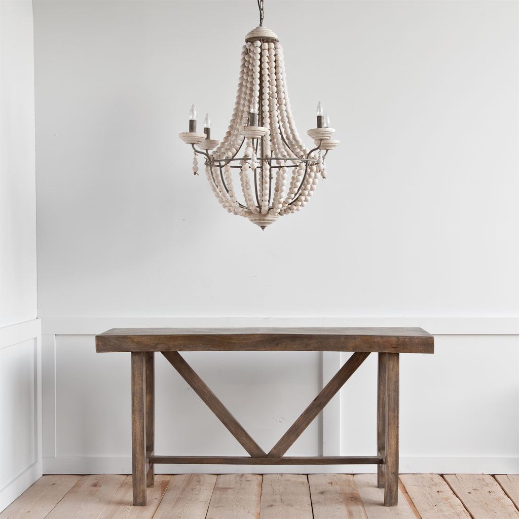 Phillum (29'x37') Silver Metal Chassis and White Wood Beaded Six Bulb Chandelier, by Mercana, 29" length x 29" width x 37" height View 3