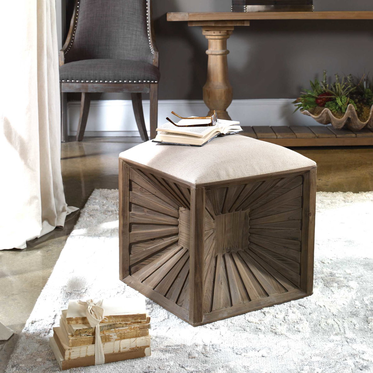 Jia Wooden Ottoman, by Uttermost, 17.37" width x 20" height x 17.37" depth View 2