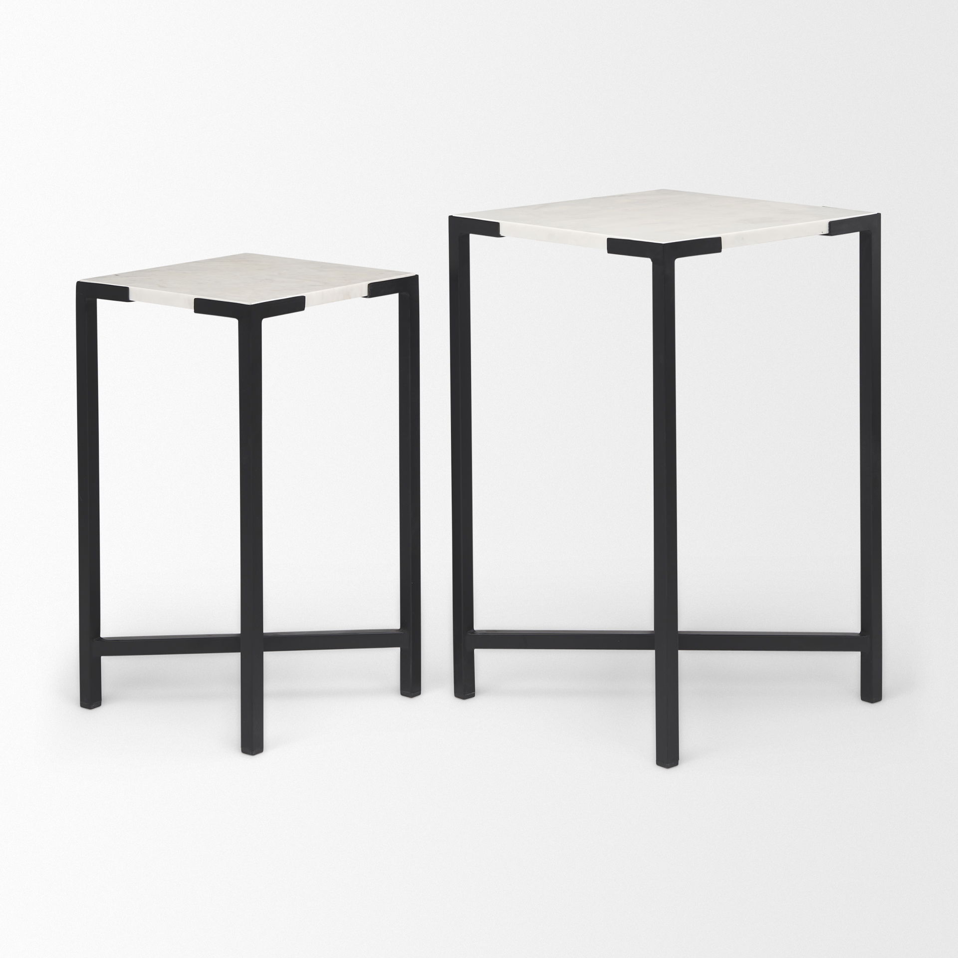 Lucas III (Set of 2) 15L x 15W; 12L x 12W White Marble with Black Iron Frame Accent Tables, Side & End Table by Mercana, 15" length x 15" width x 24" height View 6
