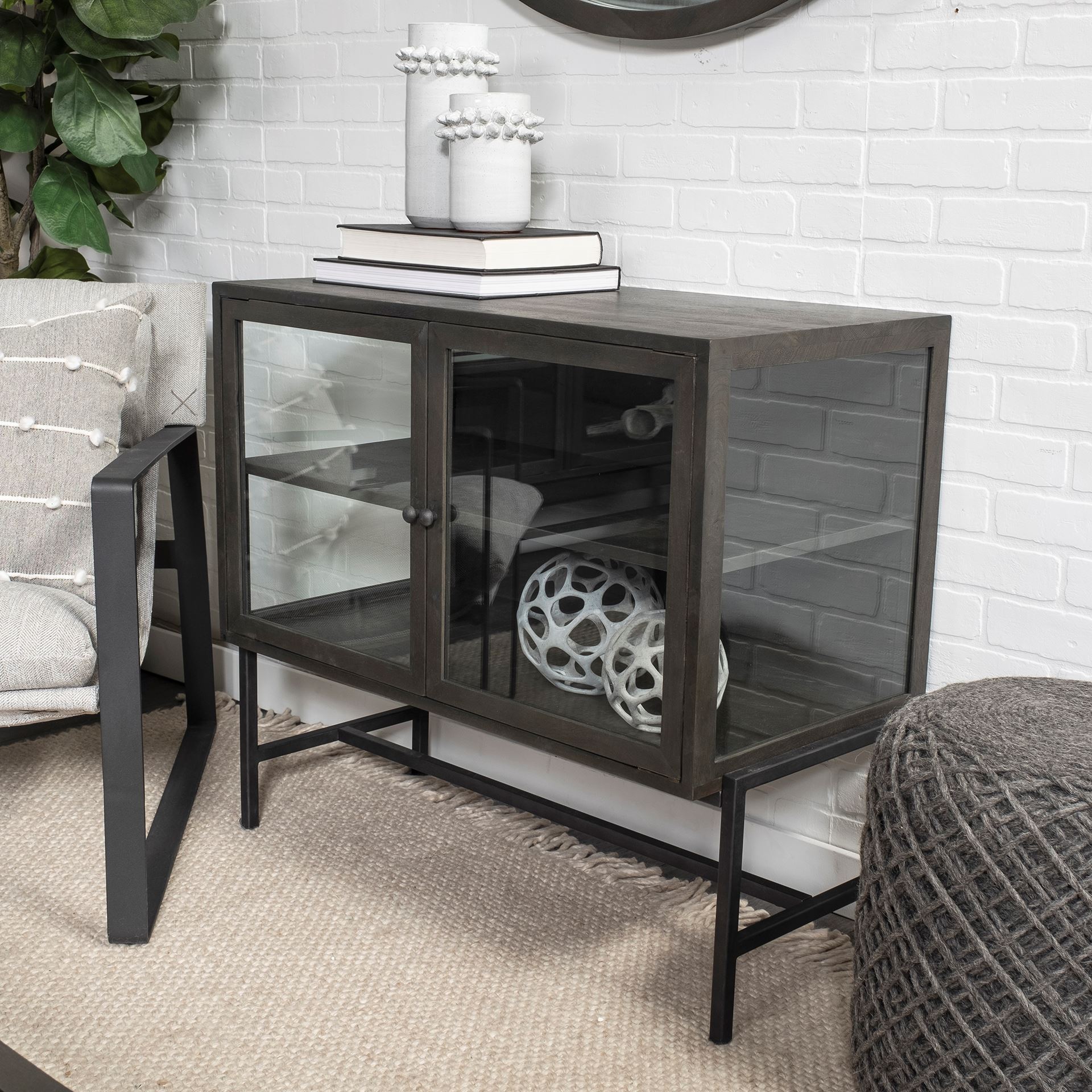 Arelius  36L x 18W Black-Brown Wood, Black Metal Base with 2 Glass Doors Accent Cabinet, Cabinets & Chest by Mercana, 36" length x 18" width x 32" height View 4