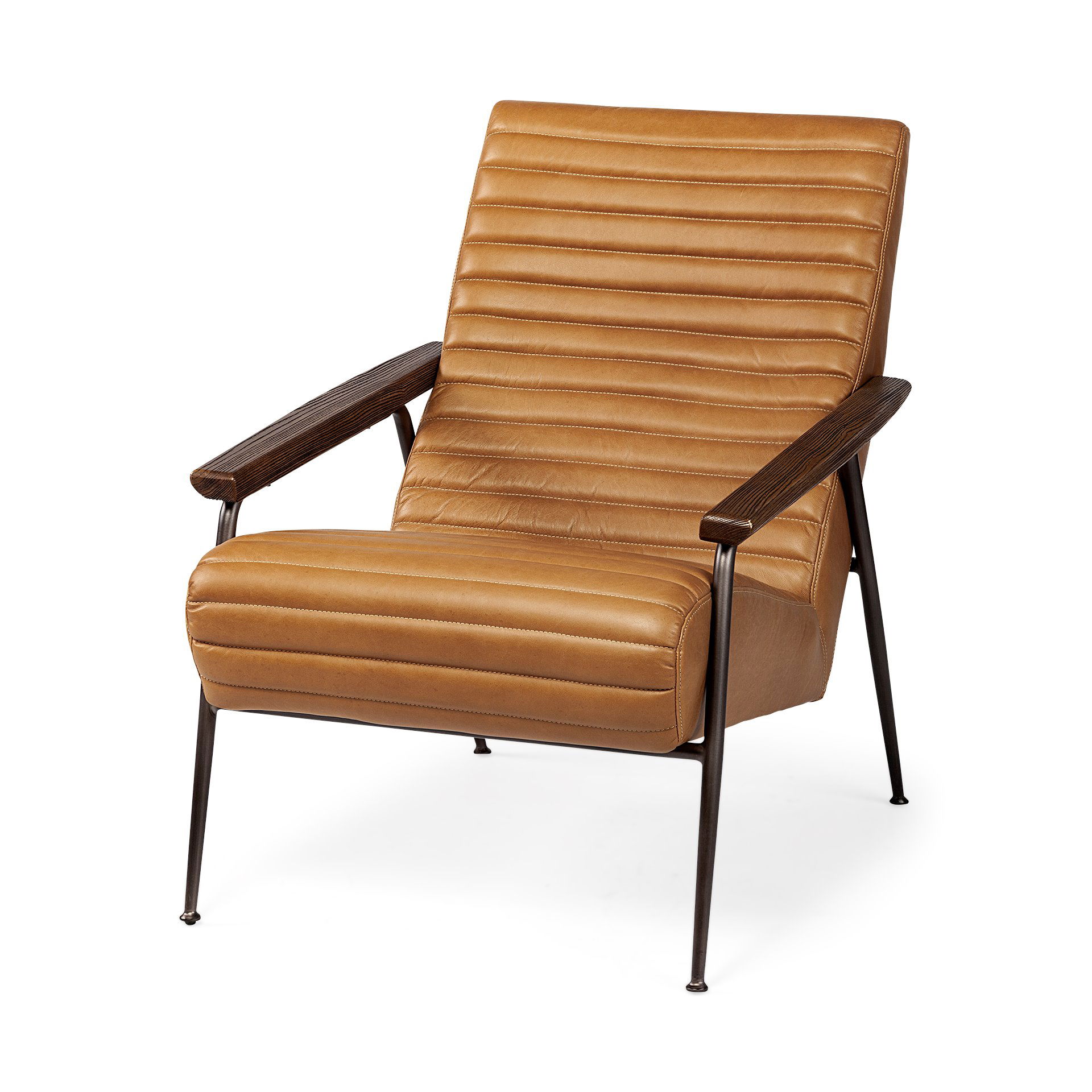 Grosjean Brown Leather Wrap Metal Frame Accent Chair, by Mercana, 27.56" length x 37.01" width x 34.65" height View 1