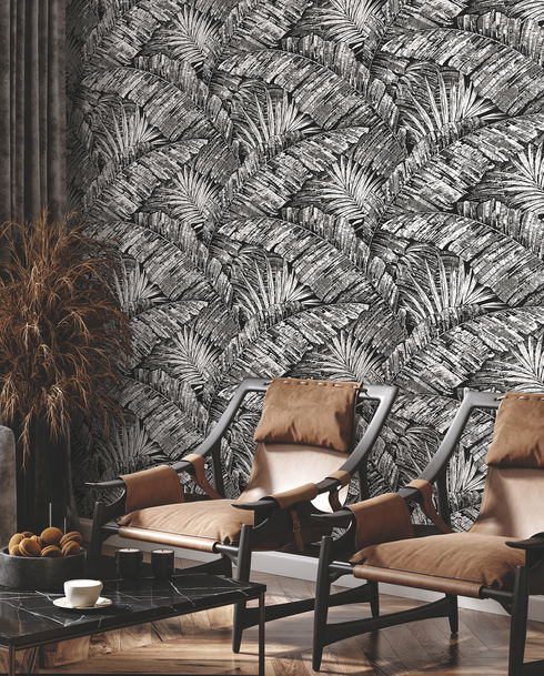 Palm Cove Toile White & Black Wallpaper