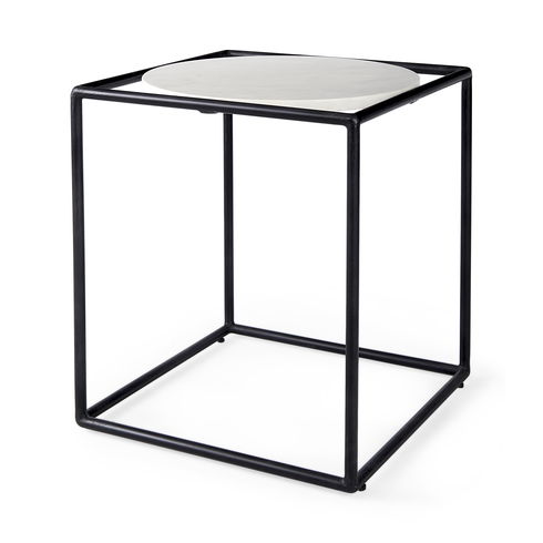 Austen 20L x 20W x 22H Round White Marble Top with Black Metal Frame Side Table