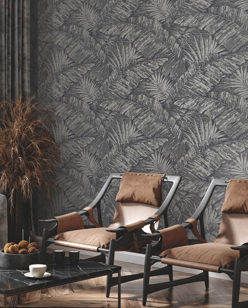 Palm Cove Toile Silver & Black Wallpaper
