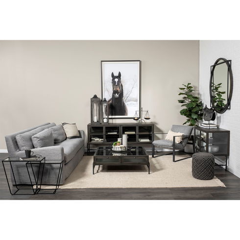 Arelius  36L x 18W Black-Brown Wood, Black Metal Base with 2 Glass Doors Accent Cabinet