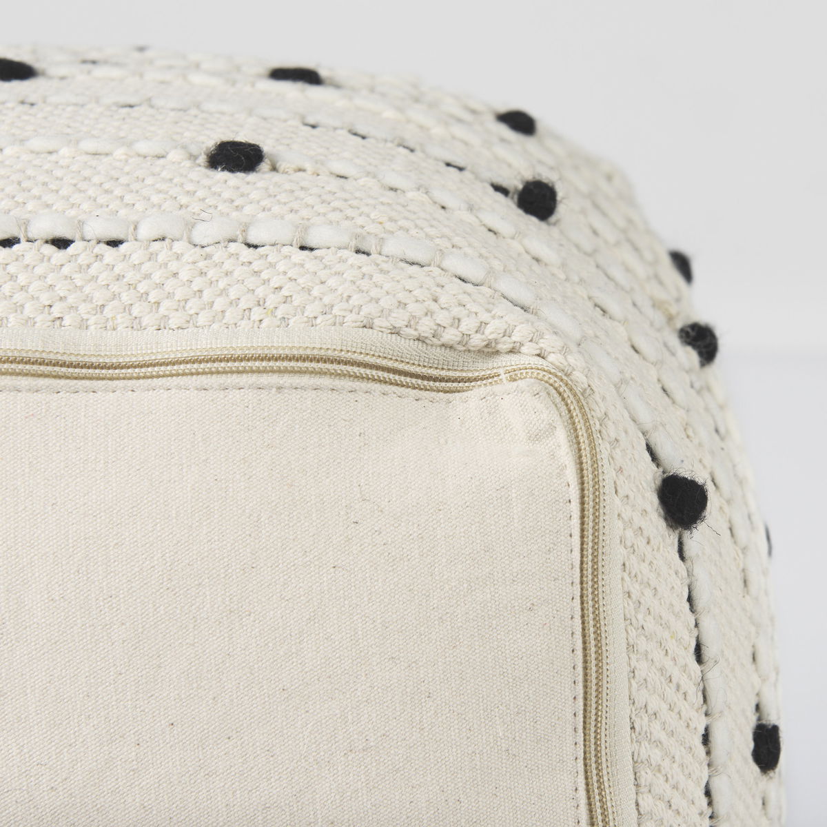 Amaira  Cream/Black/White patterned Wool and Cotton Pouf, Ottoman by Mercana, 16" length x 16" width x 16" height View 10