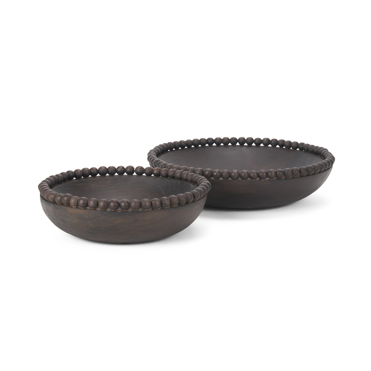 Wendell Dark Brown Wood with Wood Beads Round Bowls, Decorative Bowl by Mercana, 12" length x 12" width x 3" height View 1