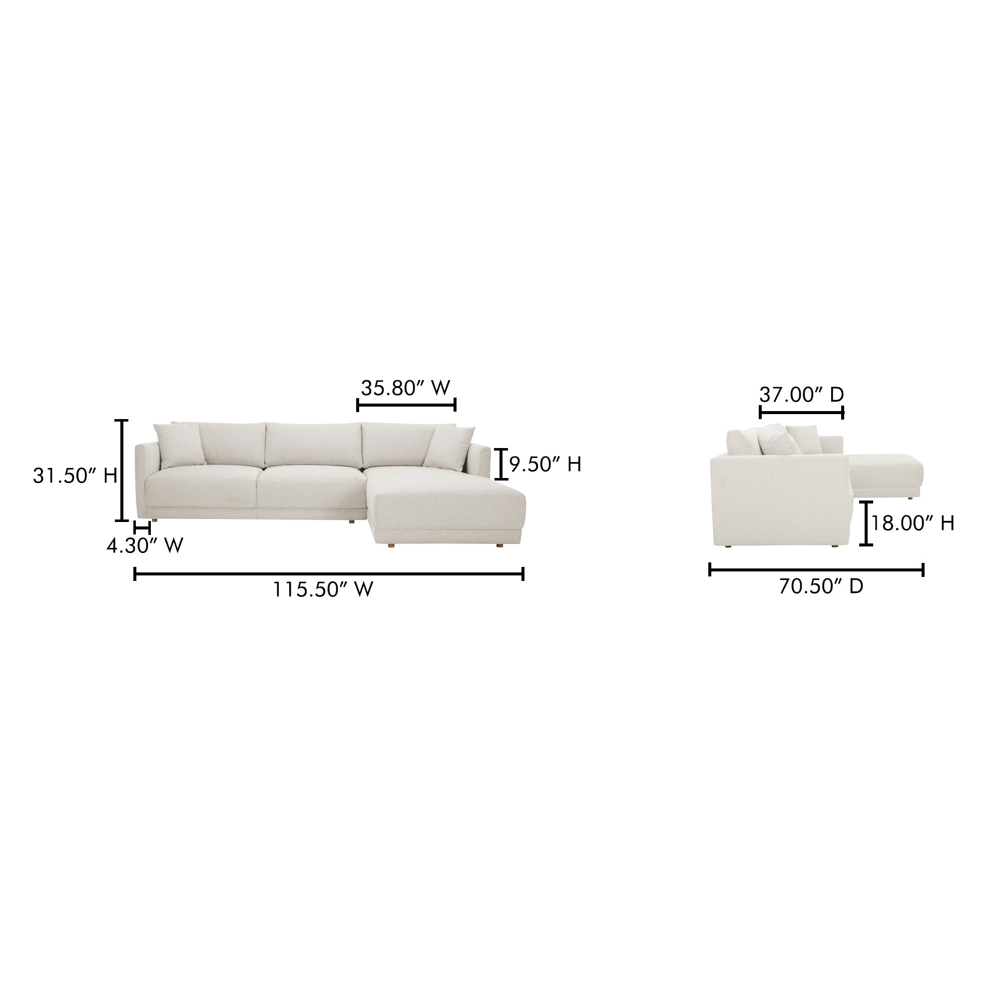 Bryn Sectional Right Oyster, Sectional Sofa by Moe's Home, 115.5" width x 31.5" height x 70.5" depth View 8
