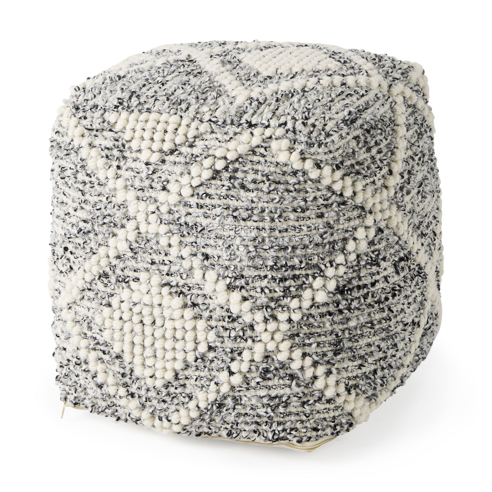 Ekiya   Black/White Yarn and Wool Patterened Pouf, Ottoman by Mercana, 16" length x 16" width x 16" height View 1