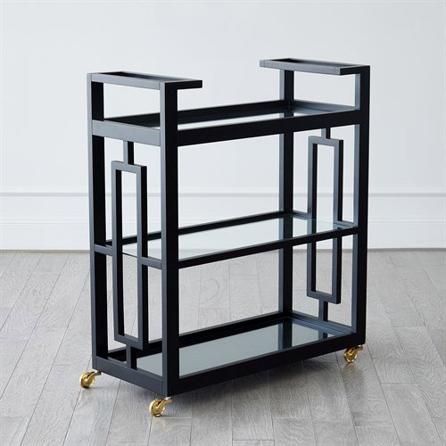 Grid Block Bar CartBlack Lacquer with Shiny Bras, Decor by Global Views, 36" length x 16" width x 42" height View 4