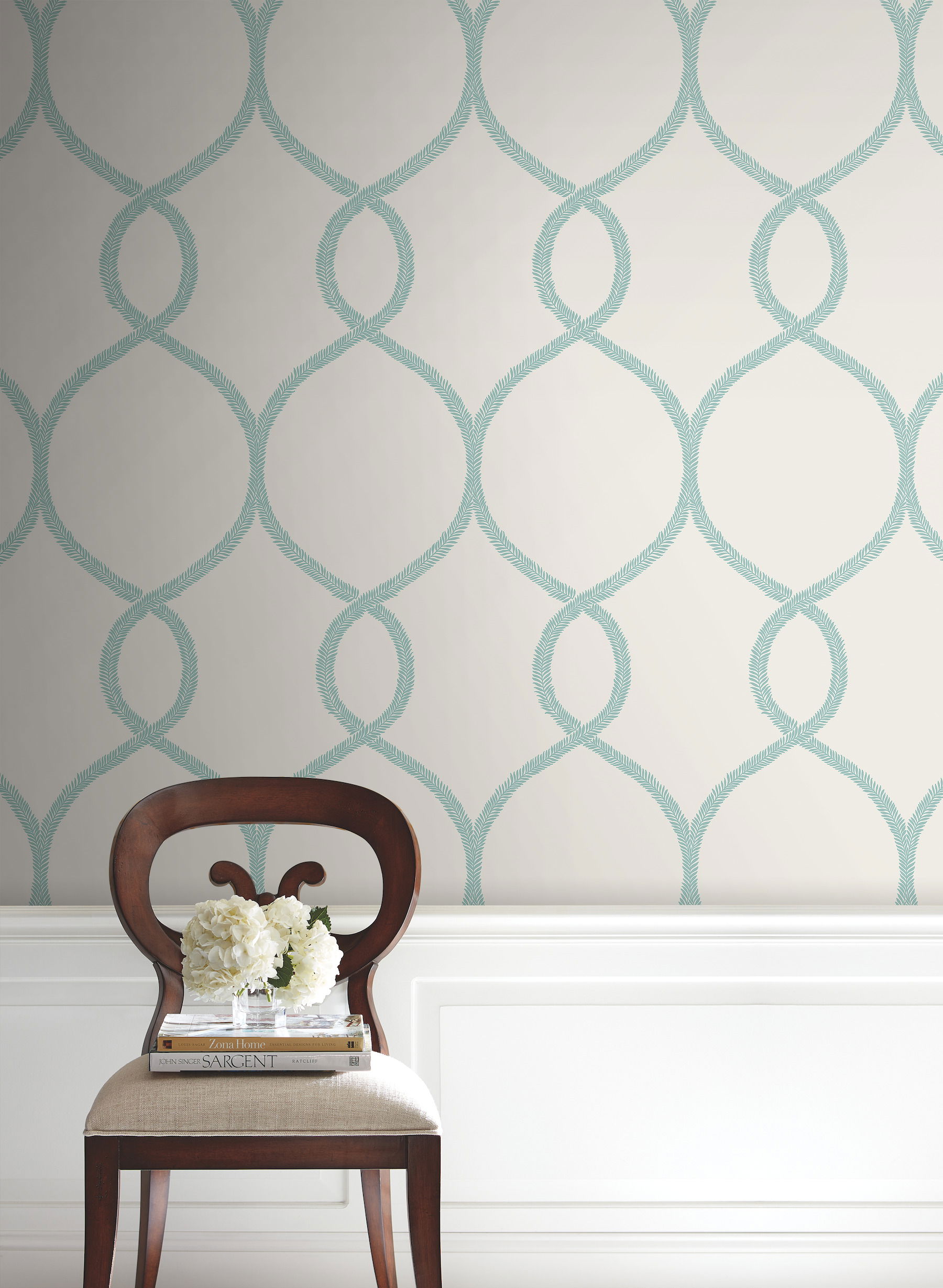 Laurel Leaf Ogee Teal Wallpaper large image 