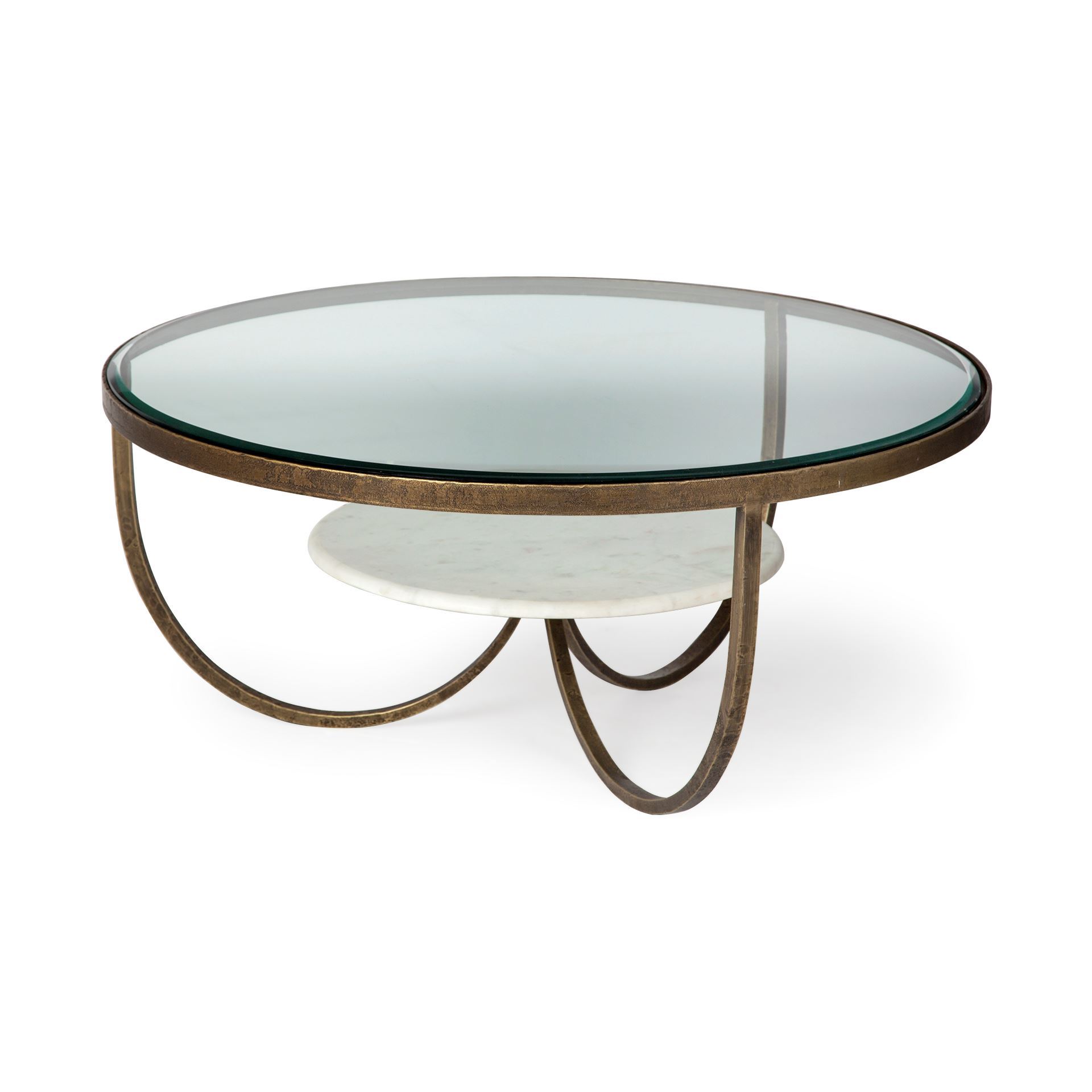 Reinhardt 36' Round Glass Top Marble Shelf Gold Metal Base Coffee Table, by Mercana, 36" length x 36" width x 16" height View 1