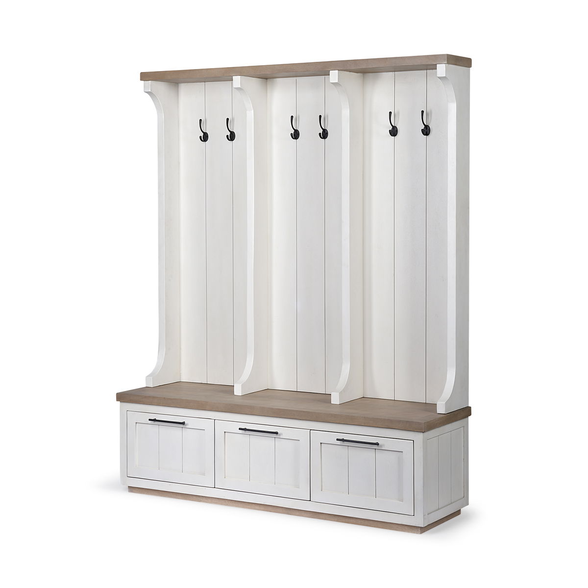 Fairview IV 61L x 17W White And Brown Wood With Storage Hall Tree, Entry & Hallway by Mercana, 61" length x 18" width x 76" height View 1