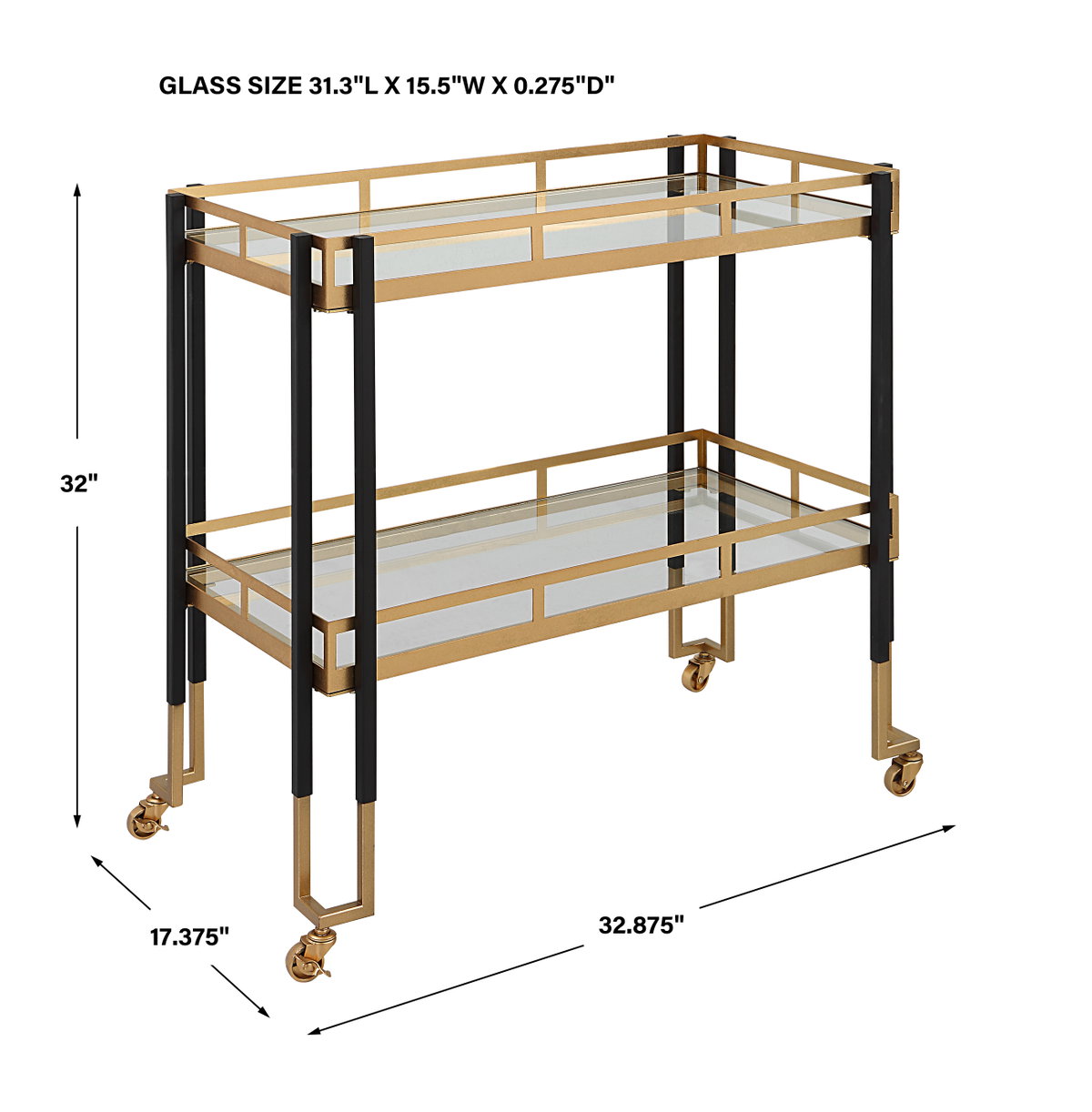 Kentmore Modern Bar Cart, Bar Carts & Cabinet by Uttermost, 32.87" width x 32" height x 17.37" depth View 3