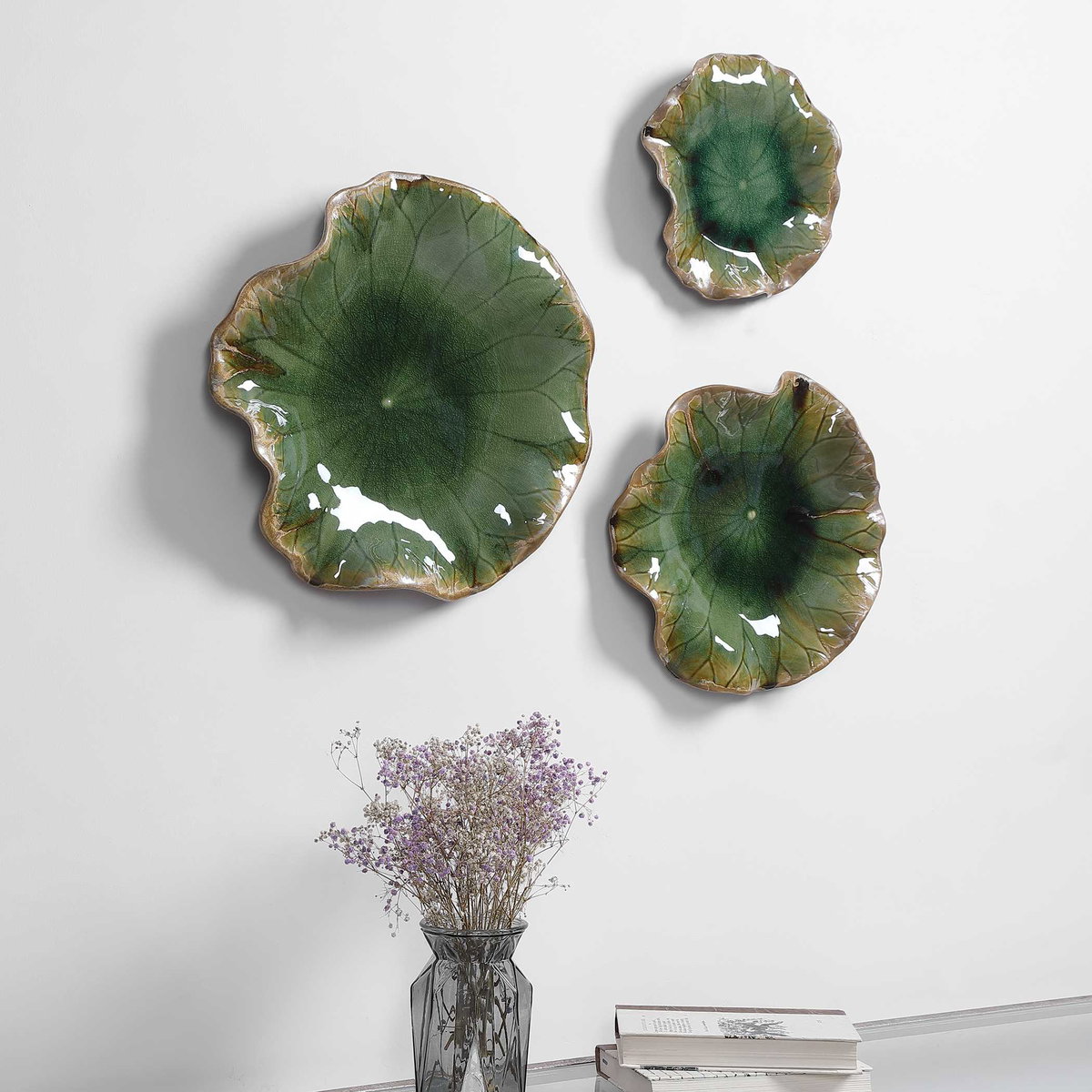 Abella Green Ceramic Wall Decor Set/3, Art by Uttermost, 17.87" width x 17.87" height x 3.87" depth View 4