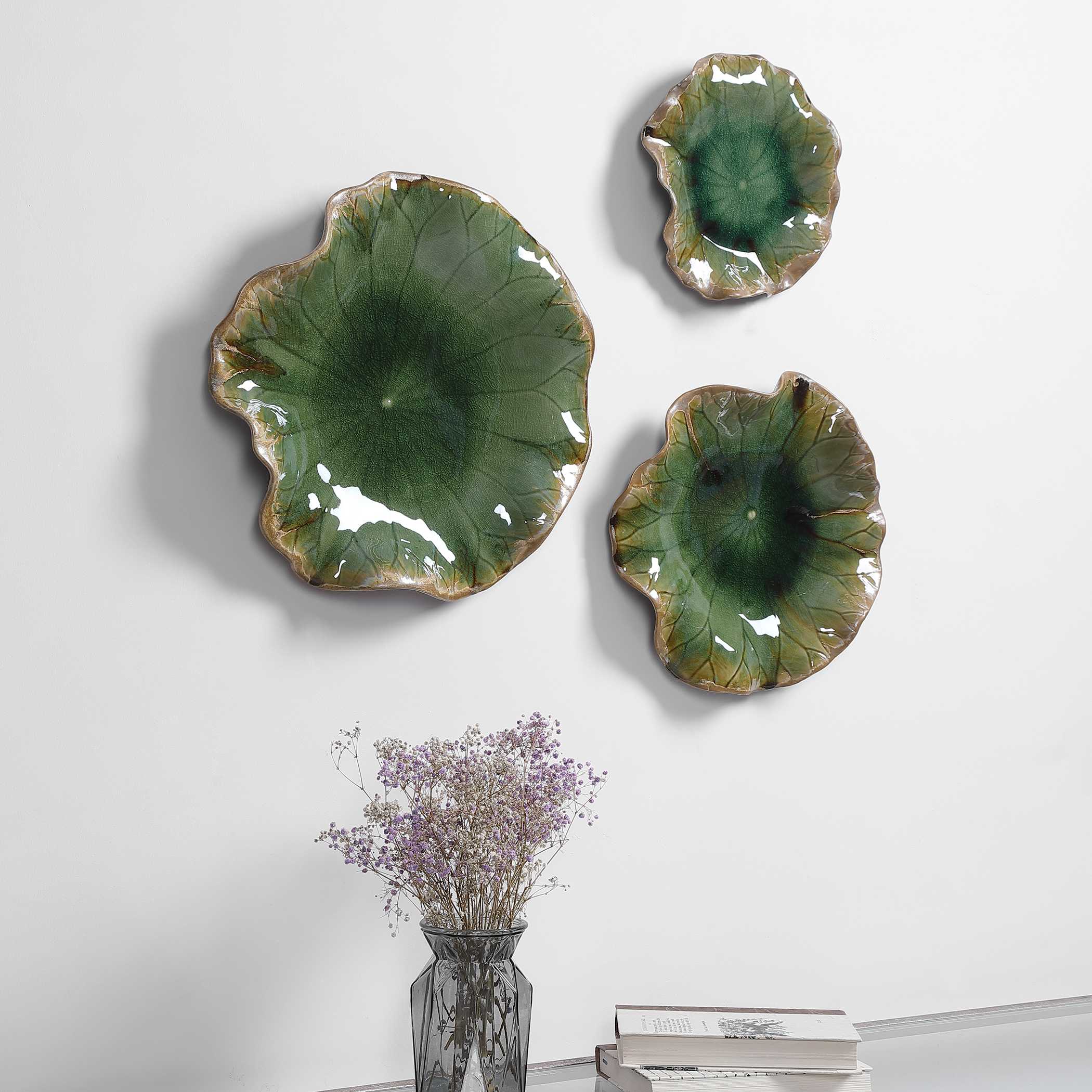 Abella Green Ceramic Wall Decor Set/3, Sculptural Wall Art by Uttermost, 17.87" width x 17.87" height x 3.87" depth View 4