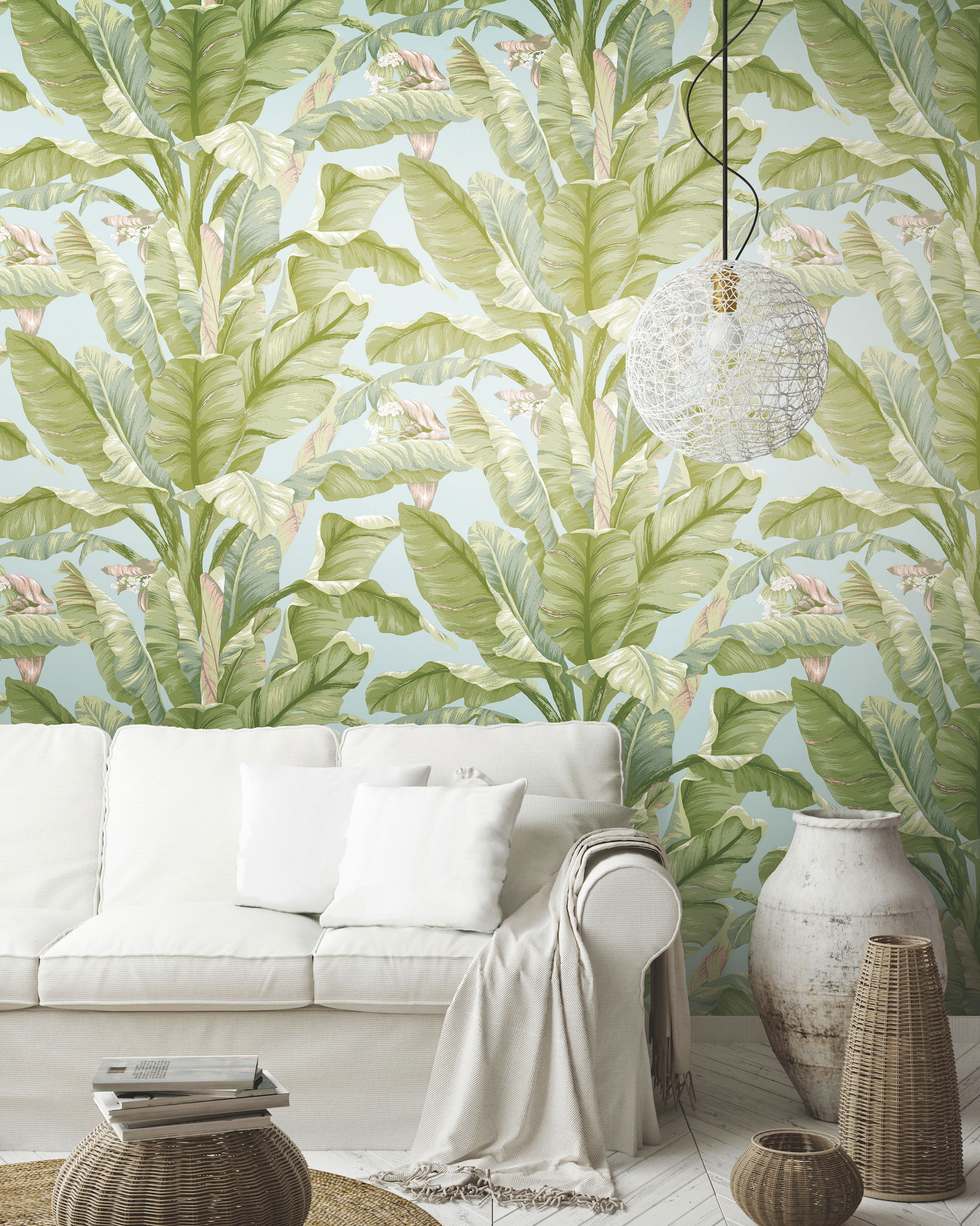 Banana Leaf Blue & Green Peel & Stick Wallpaper large image 