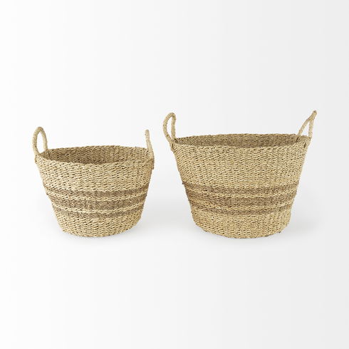 Vance  Light Brown Palm Leaf and Seagrass Round Basket with Handles