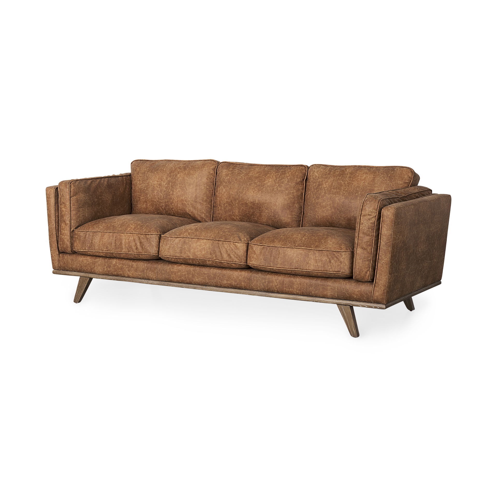 Brooks  Cognac Brown Faux Leather Three Seater Sofa with Medium Brown Wooden Legs, Sofas & Sectional by Mercana, 90.16" length x 34.84" width x 33.46" height View 1