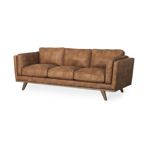 Brooks Cognac Brown Faux Leather Three Seater Sofa with Medium Brown Wooden Legs