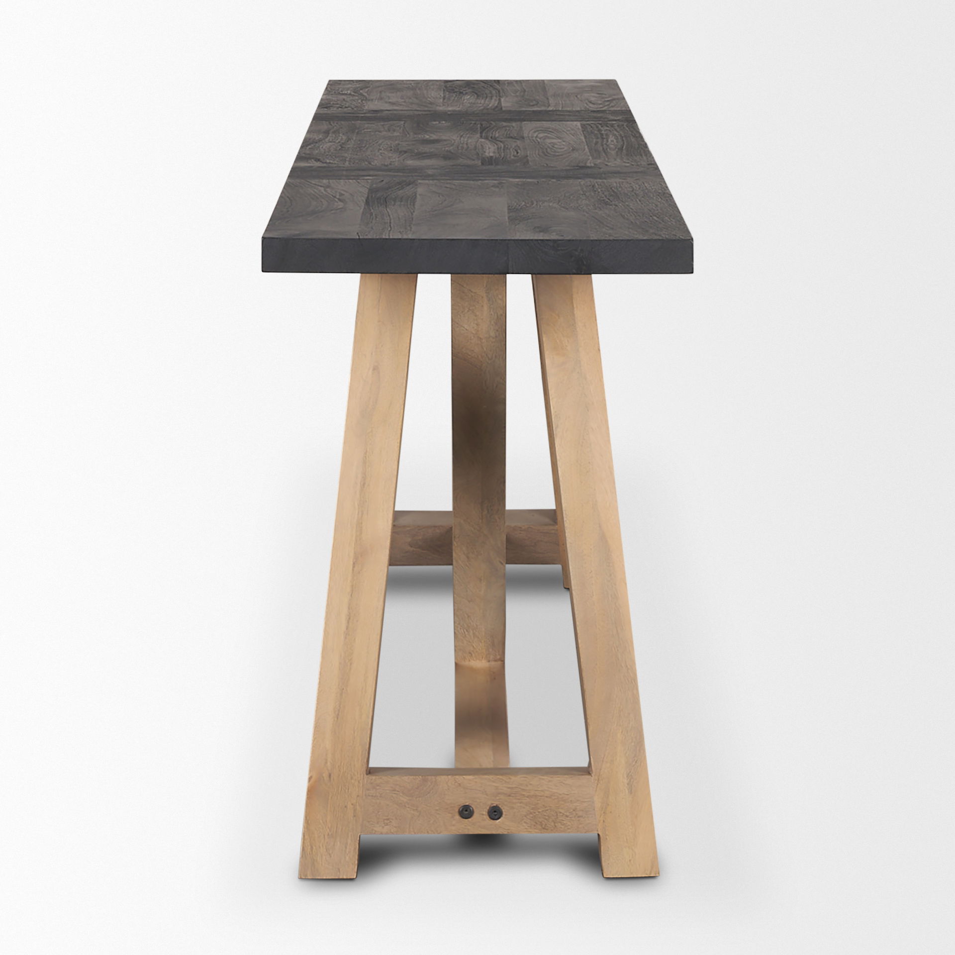 Rialto Two-Toned Black and Brown Wood Angular Leg Console Table, by Mercana, 70" length x 18" width x 30" height View 4