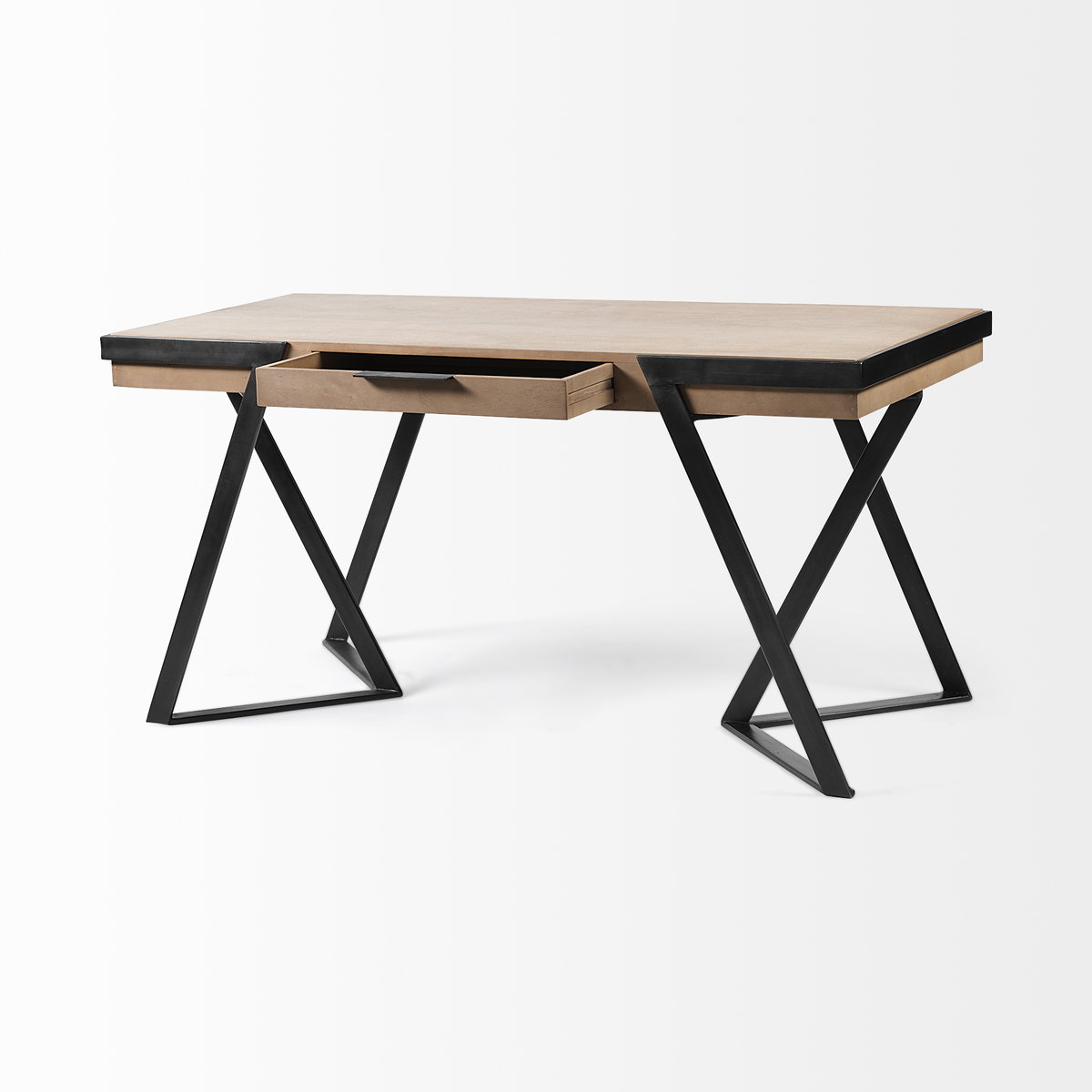 Steinbeck 61L x 28.75W x 30H Light Brown Wooden Iron Frame Office Desk, by Mercana, 61" length x 28.75" width x 30" height View 7