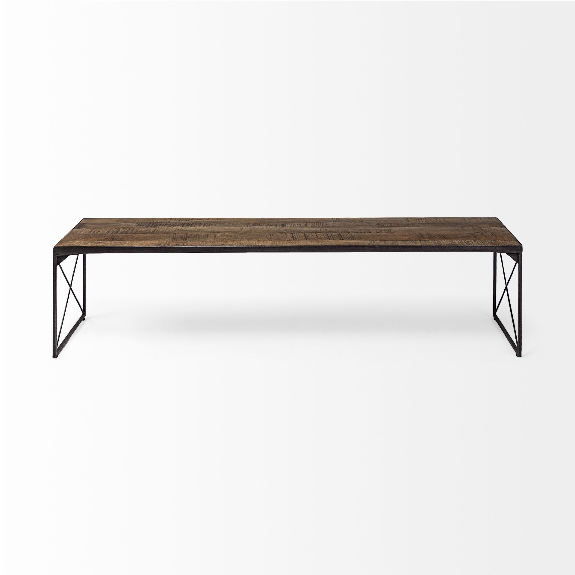 Trestman III 66L x 18W Brown Wood Top with Black Iron Base Accent Bench, Benche by Mercana, 66" length x 17.75" width x 16.75" height View 4