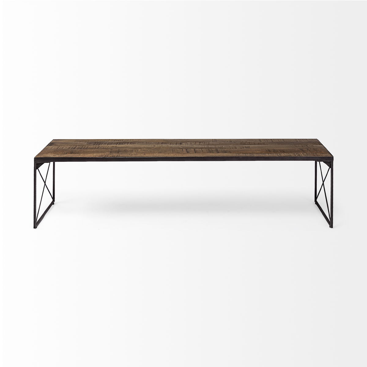 Trestman III 66L x 18W Brown Wood Top with Black Iron Base Accent Bench, Benche by Mercana, 66" length x 17.75" width x 16.75" height View 4