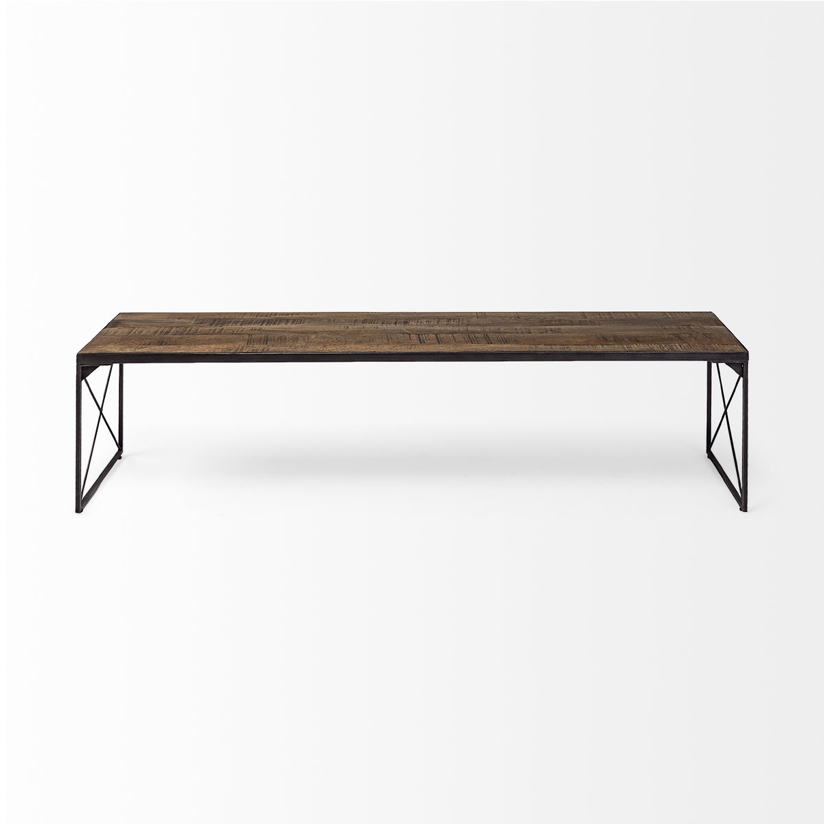 Trestman III 66L x 18W Brown Wood Top with Black Iron Base Accent Bench, Benche by Mercana, 66" length x 17.75" width x 16.75" height View 4