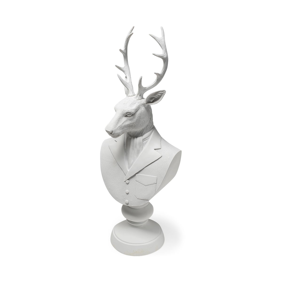 Mozart 22.5H White Painted Resin Deer In A Suit Bust, Decorative Object by Mercana, 8.27" length x 6.89" width x 23.23" height View 1