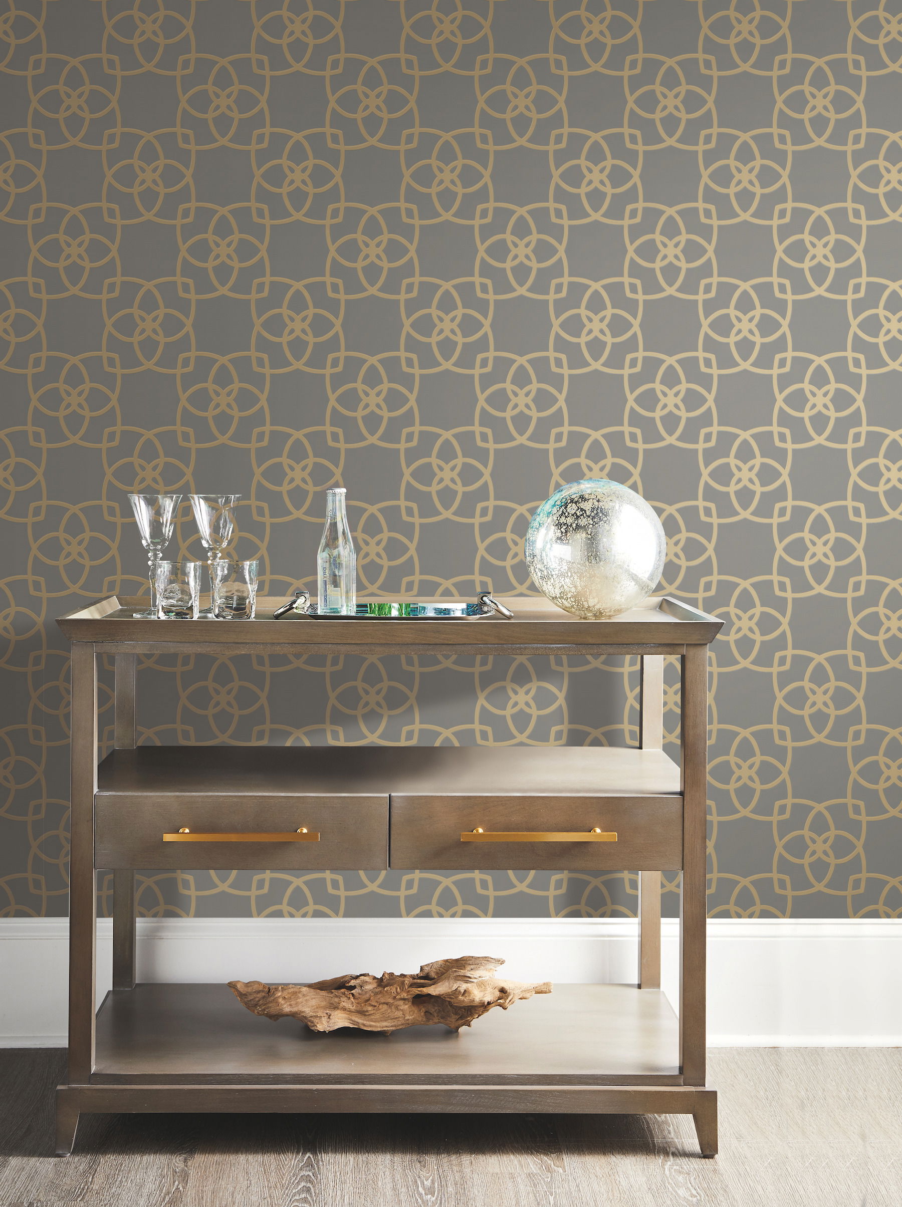 Serendipity Grey & Gold Metallic Wallpaper, by York Wall, 33' length x 1'9" width x 0.02" depth View 2