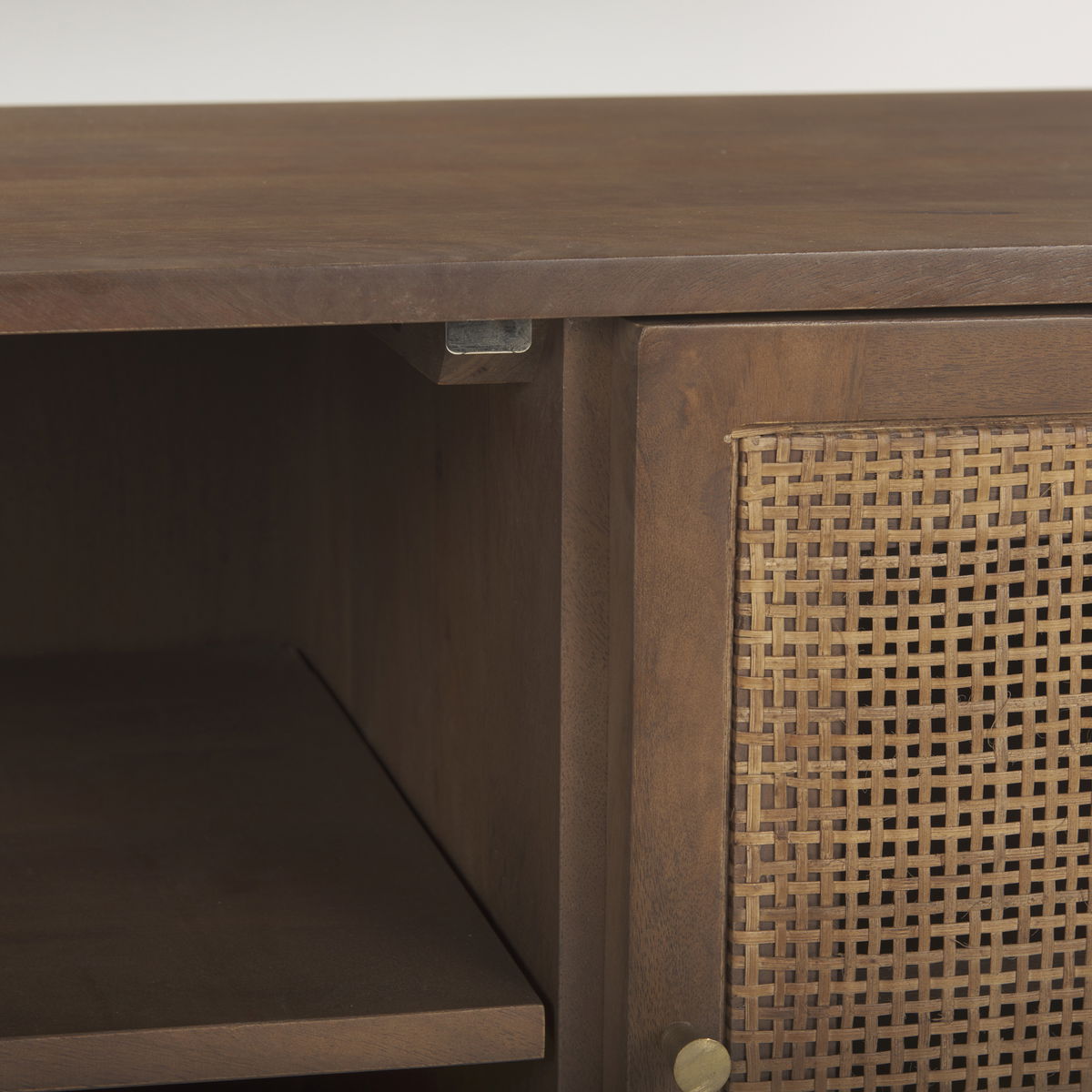 Grier 65' Medium Brown Wood with Cane Media Console, by Mercana, 65" length x 18.75" width x 23" height View 12
