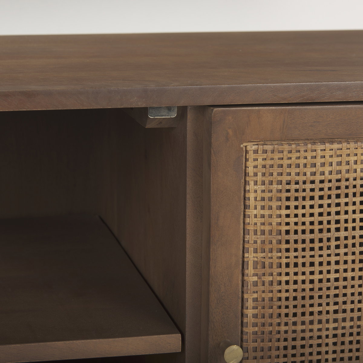 Grier 65' Medium Brown Wood with Cane Media Console, by Mercana, 65" length x 18.75" width x 23" height View 12