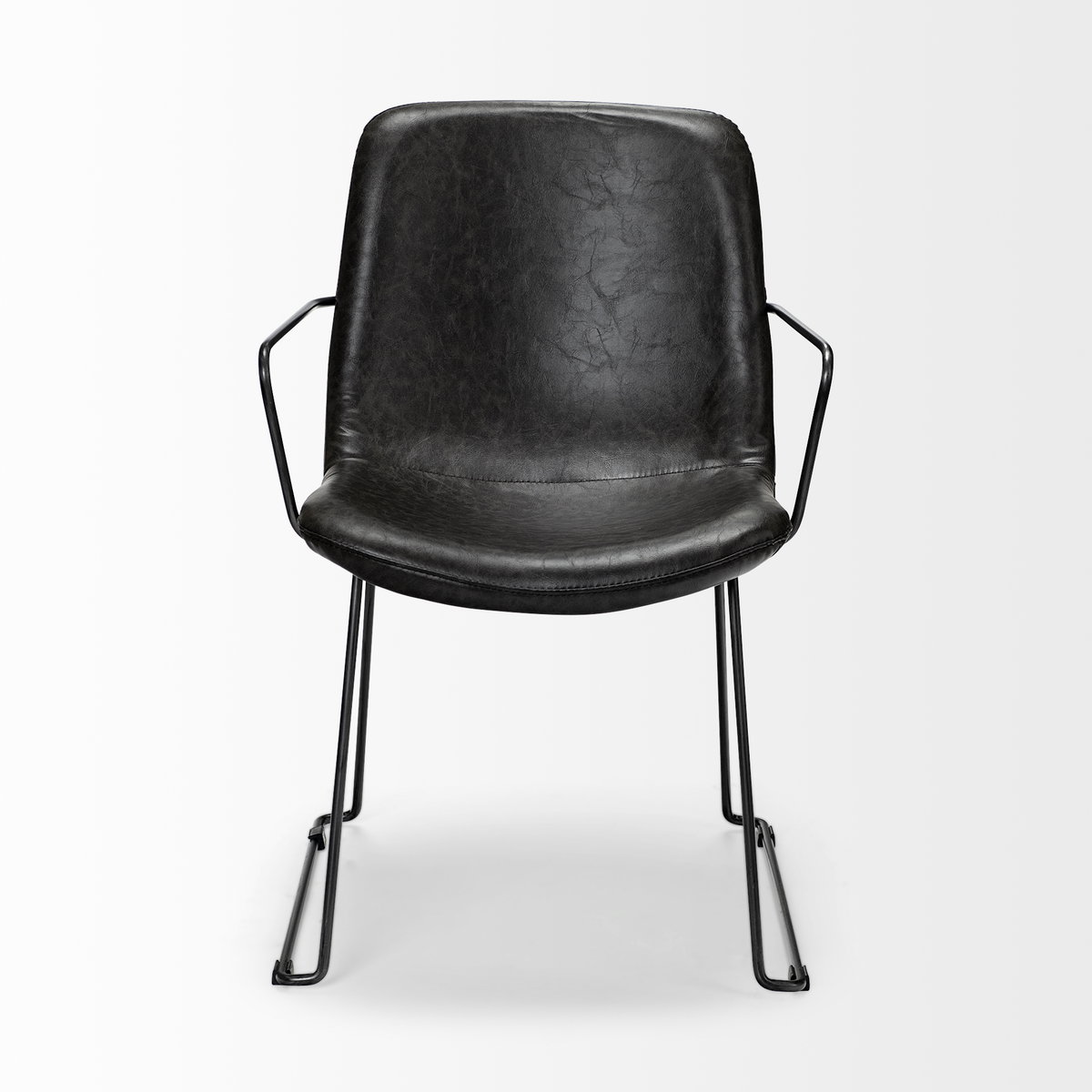 Sawyer Solid Back Dining Arm Chair | Black Faux Leather with Black Iron, Dining Chair by Mercana, 23.23" length x 25.59" width x 33.07" height View 3