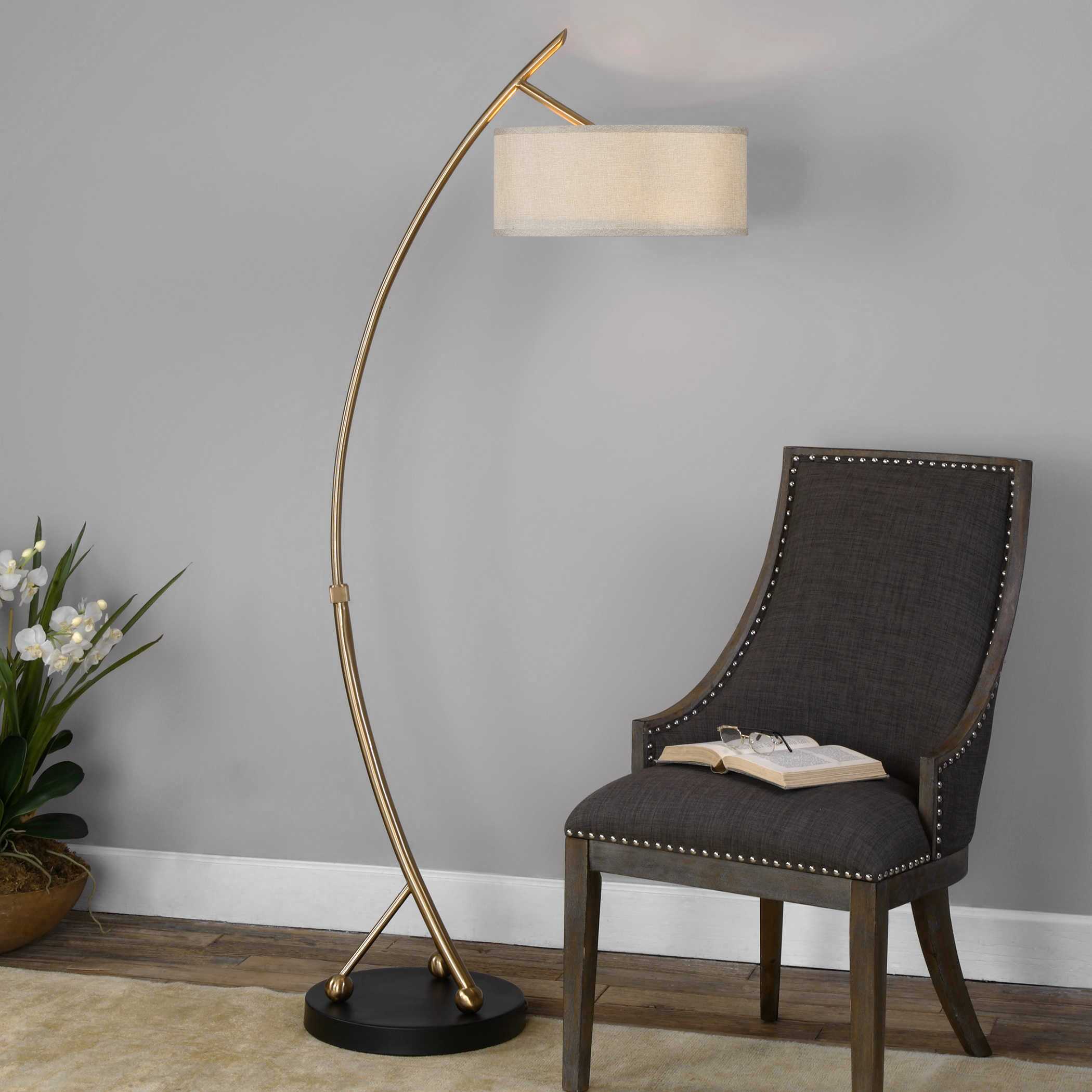 Vardar Curved Brass Floor Lamp, by Uttermost, 29.5" width x 68" height x 17" depth View 2
