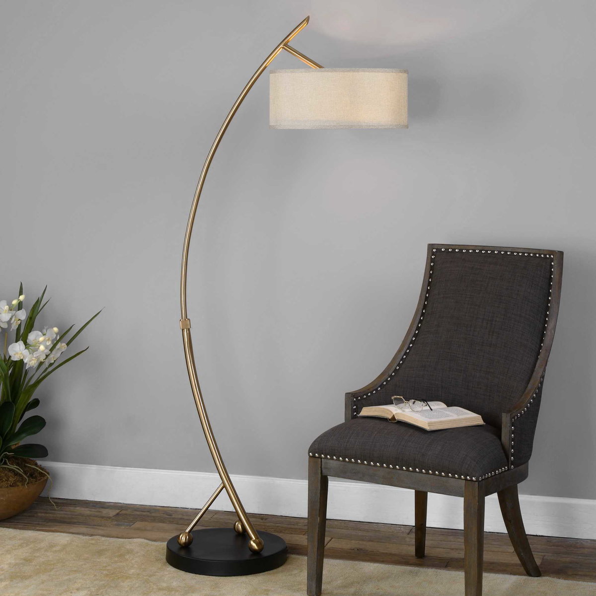 Vardar Curved Brass Floor Lamp, by Uttermost, 29.5" width x 68" height x 17" depth View 2