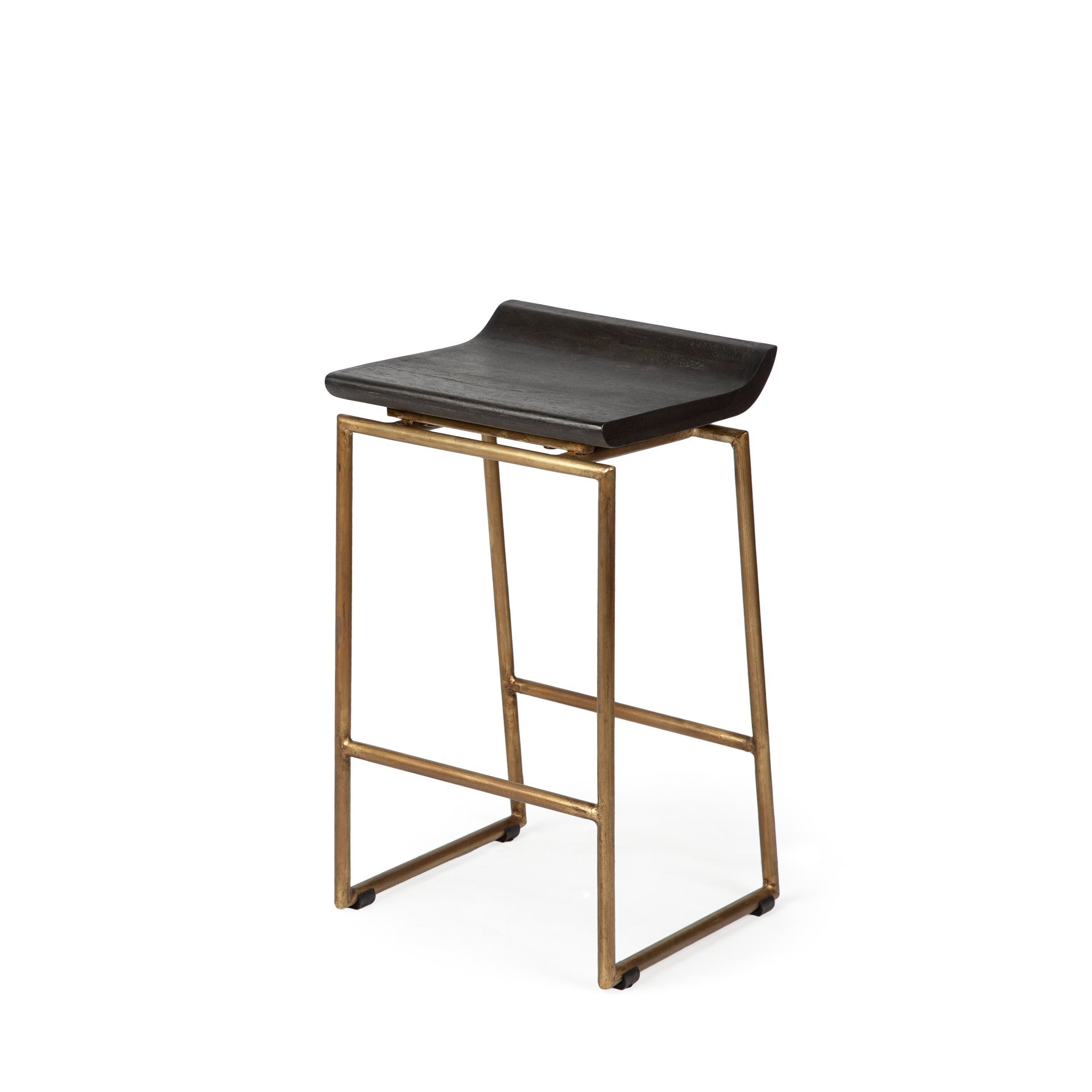Givens 24.25'H Seat Height Brown Wood Seat Gold Metal Frame Stool, Counter & Bar Stool by Mercana, 14" length x 15.8" width x 26" height View 1