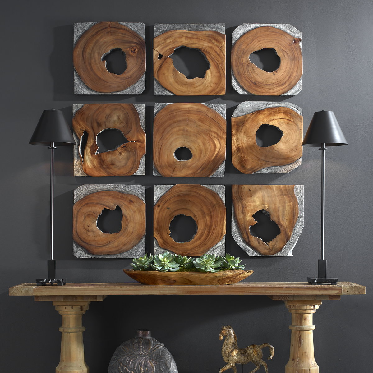 Jungle Wood Paneled Wall Art Set/9, Sculptural Wall Art by Uttermost, 15.75" width x 1.6" height x 15.75" depth View 2