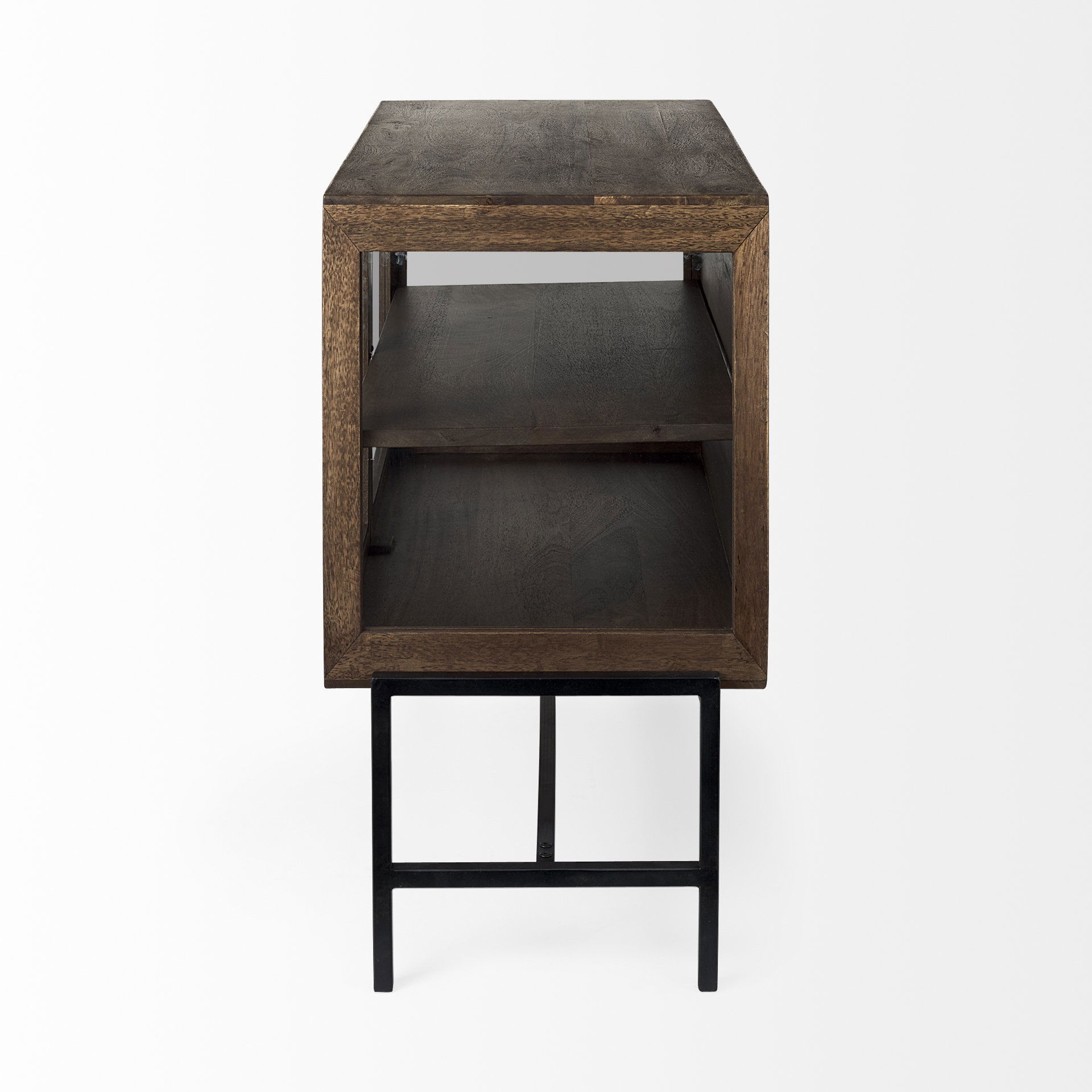 Arelius 36L x 18W x 32H Medium Brown Wood, Black Metal Base with 2 Glass Doors Accent Cabinet large image 
