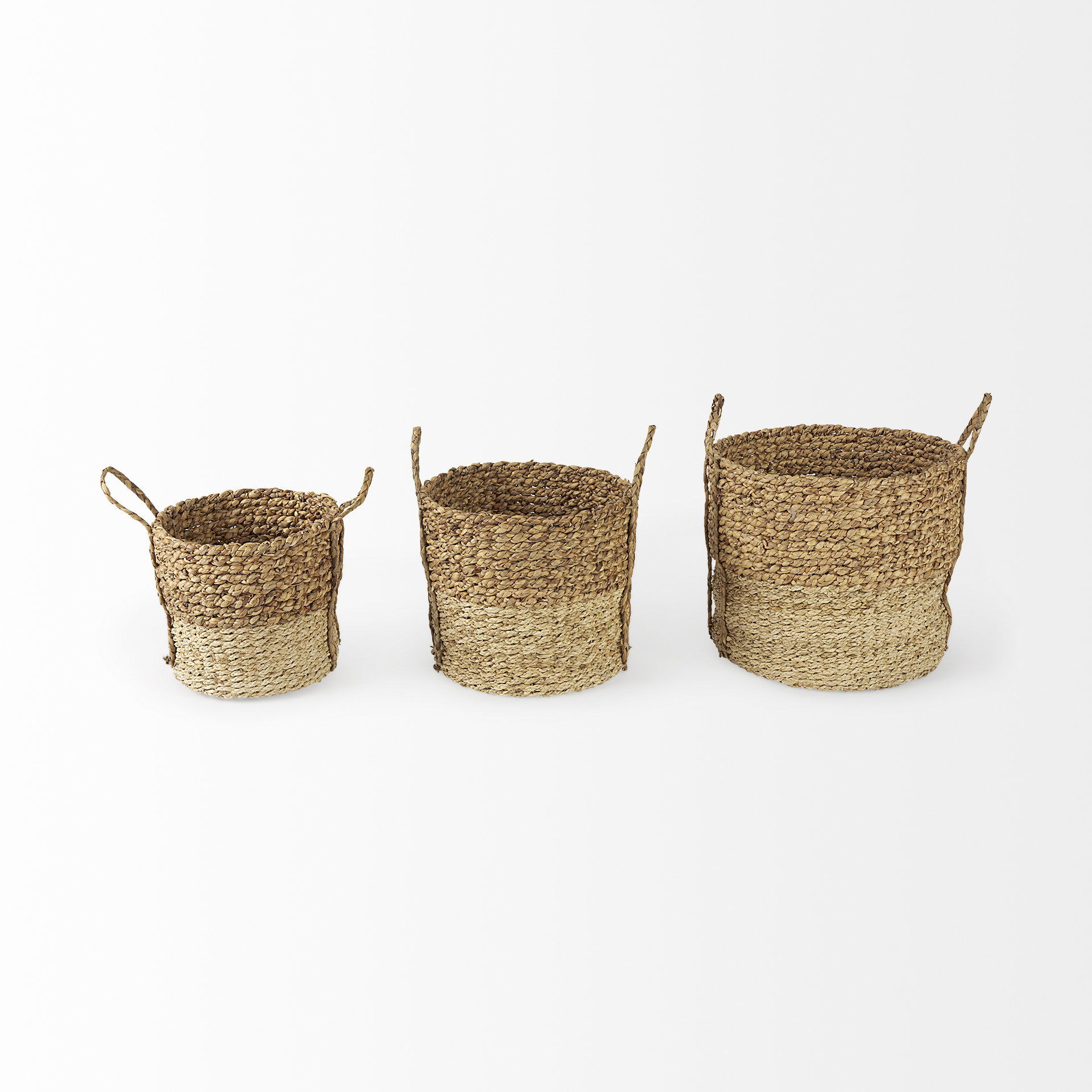 Morocco 15.7L x 15.7 (Set of 3) Brown Two Tone Water Hyacinth and Cornhusk Round Basket with Handles, Bins & Basket by Mercana, 15.75" length x 15.75" width x 15.75" height View 2