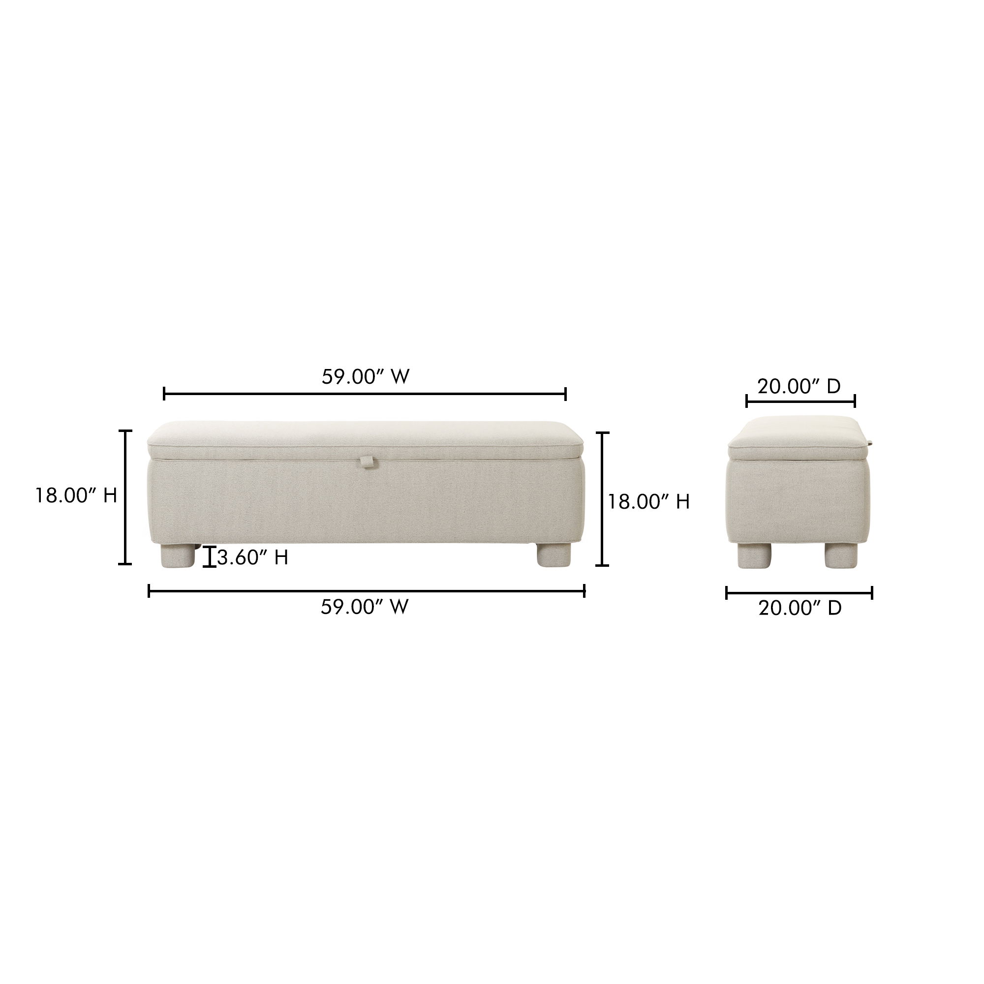 Ichigo Storage Bench Light Grey, Benche by Moe's Home, 59" width x 18" height x 20" depth View 12