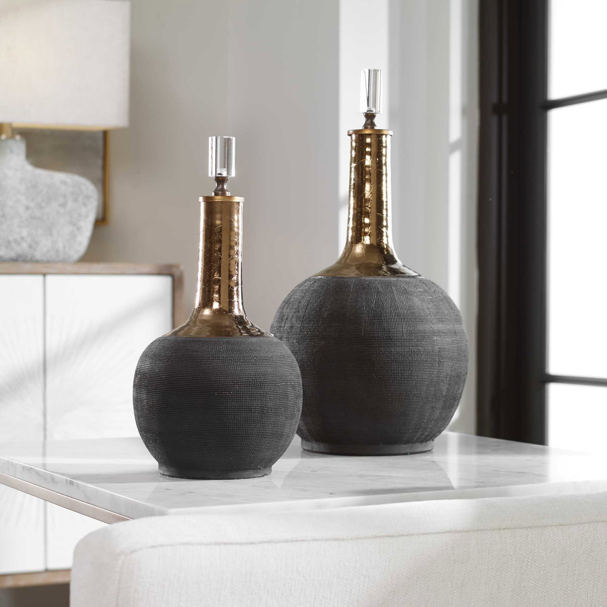 Arnav Matte Black Bottles Set/2, Vase by Uttermost, 8.5" width x 16.5" height x 8.5" depth View 2