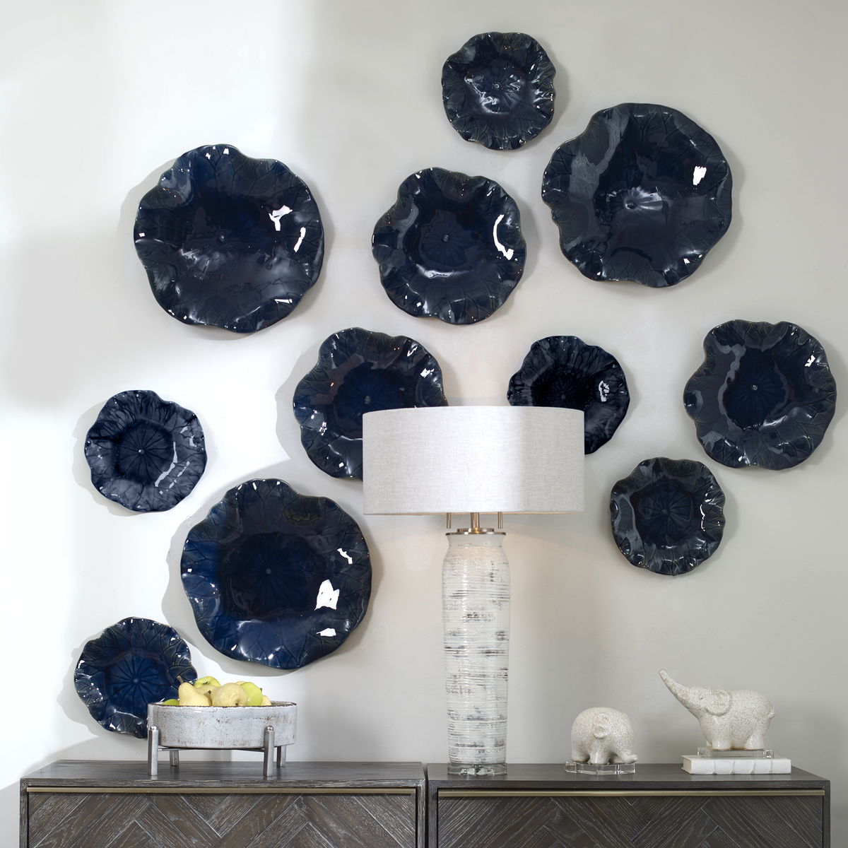 Abella Blue Ceramic Wall Decor Set/3, Art by Uttermost, 17.87" width x 17.87" height x 3.87" depth View 2