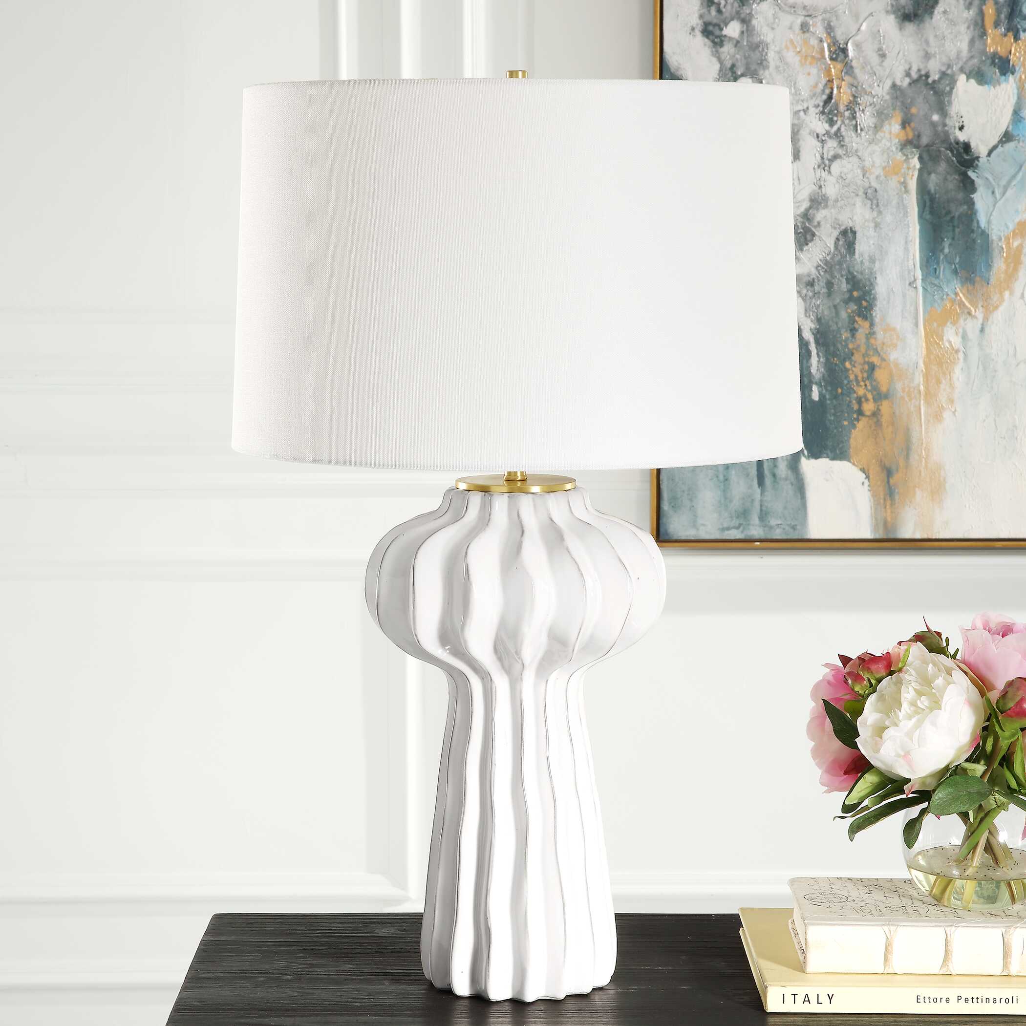 Wrenley Ridged White Table Lamp, by Uttermost, 17" width x 27.5" height x 17" depth View 4