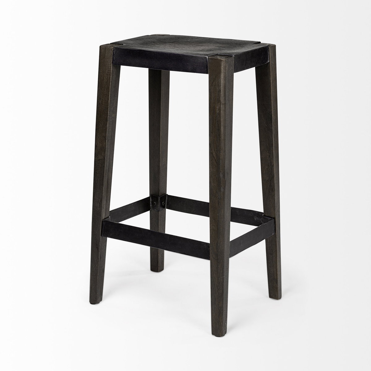 Nell Backless 30in Seat Bar Stool | Black Metal with Dark Brown Wood, Counter & Bar Stool by Mercana, 18" length x 15" width x 30" height View 7